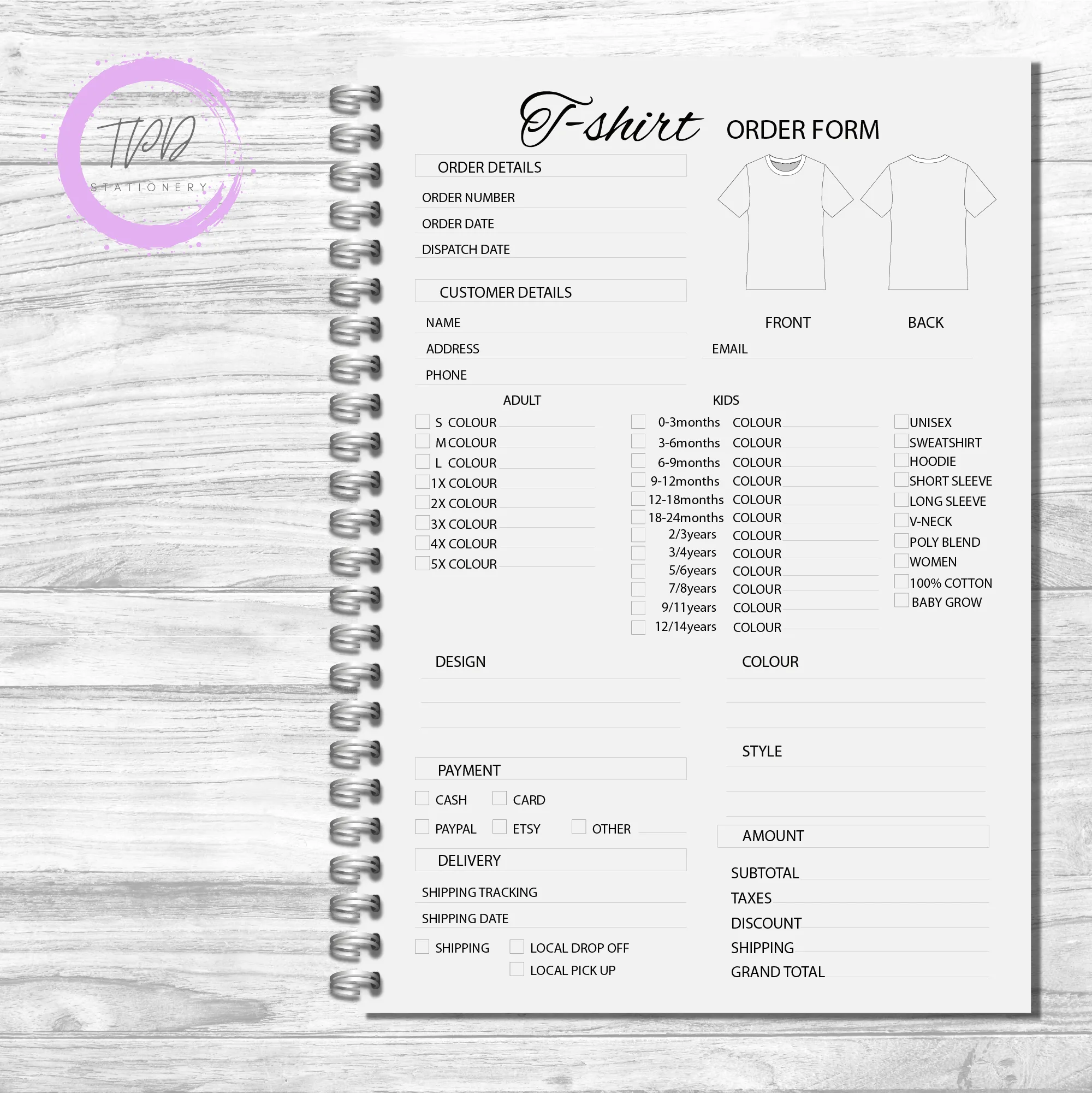 A5 T-shirt Business Order Book