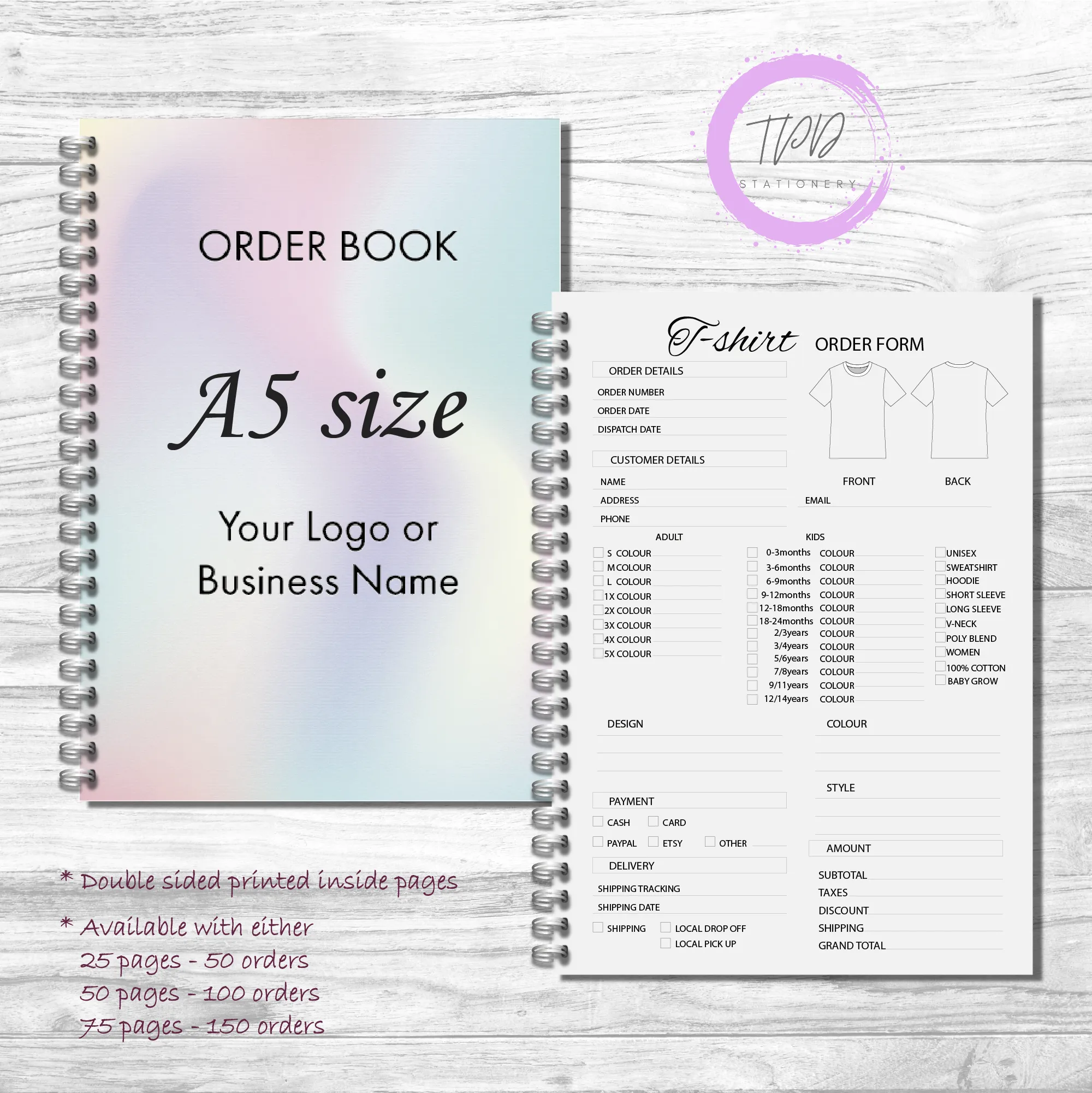 A5 T-shirt Business Order Book