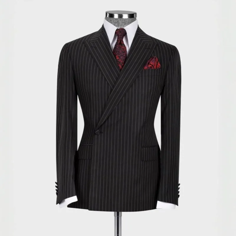 Black Striped Peaked Lapel Bespoke Business Suits One Button Two Pieces Formal Suits for Men