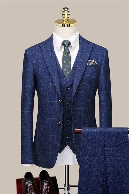Blue Plaid Slim Fit Formal Business Suits Three Pieces Blazer Vest Pants