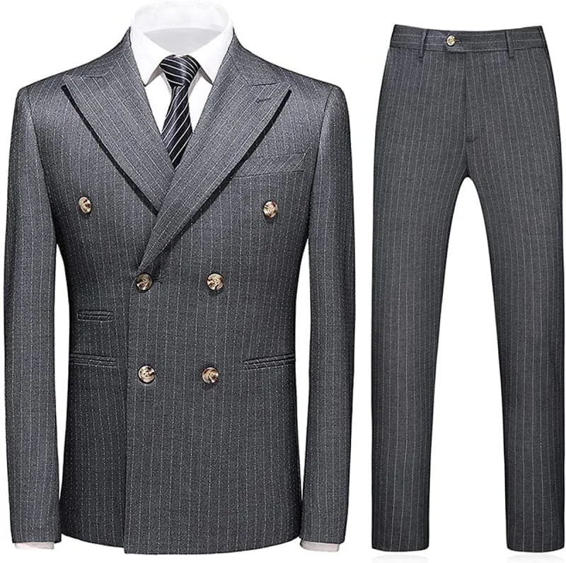 Deep Gray Double Breasted Peaked Lapel Striped Men Formal Suits For Business