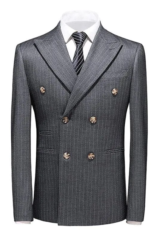 Deep Gray Double Breasted Peaked Lapel Striped Men Formal Suits For Business
