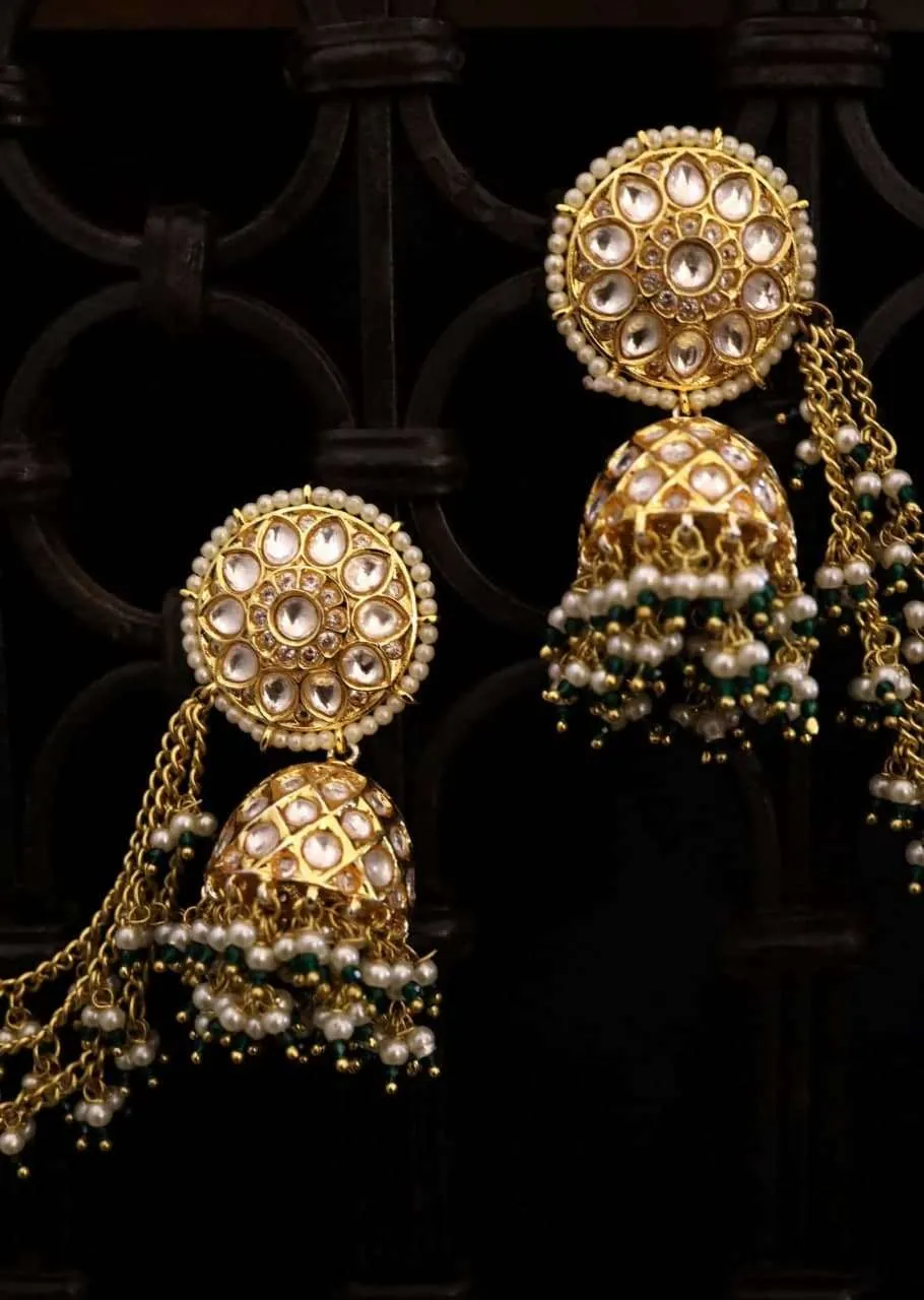 Gold And Green Jhumkas Encrusted With Kundan And Ling Pearl Hair Chain By Paisley Pop