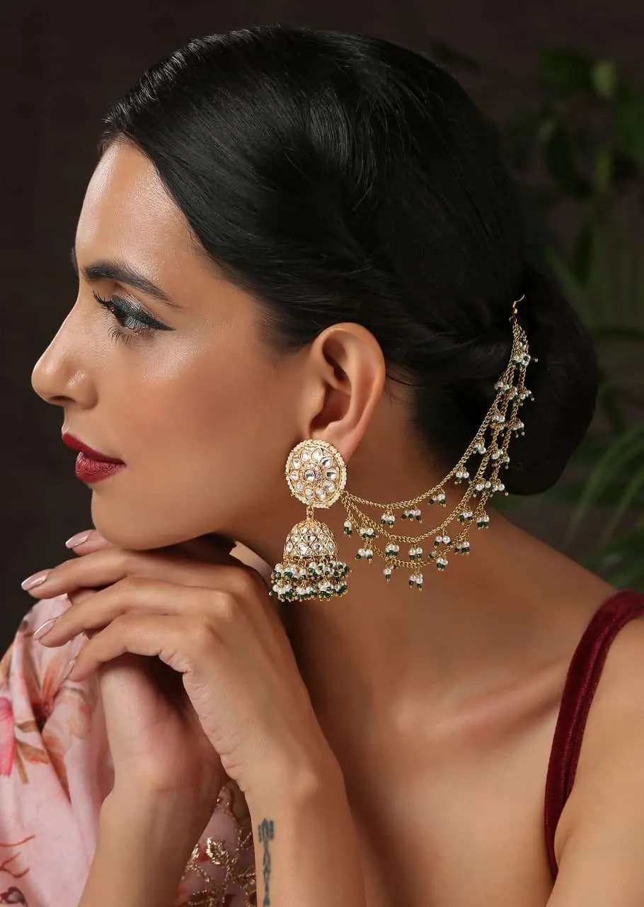 Gold And Green Jhumkas Encrusted With Kundan And Ling Pearl Hair Chain By Paisley Pop