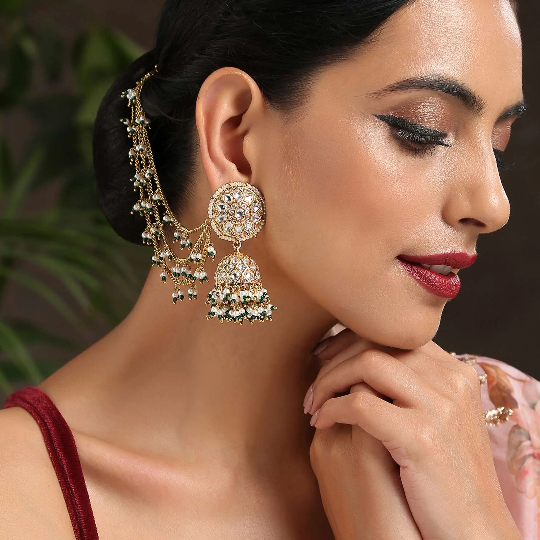 Gold And Green Jhumkas Encrusted With Kundan And Ling Pearl Hair Chain By Paisley Pop