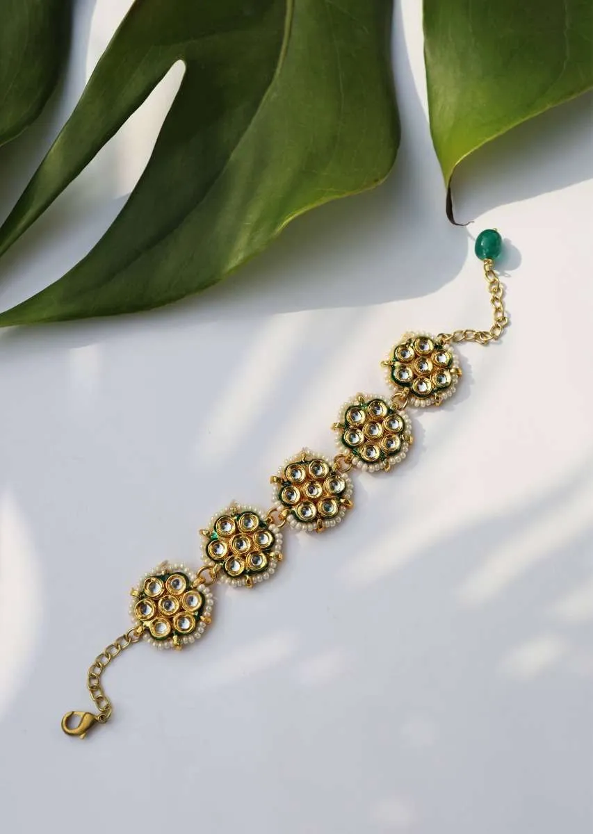 Gold And White Bracelet With Kundan And Shell Pearls Assembled In Floral Motifs By Paisley Pop