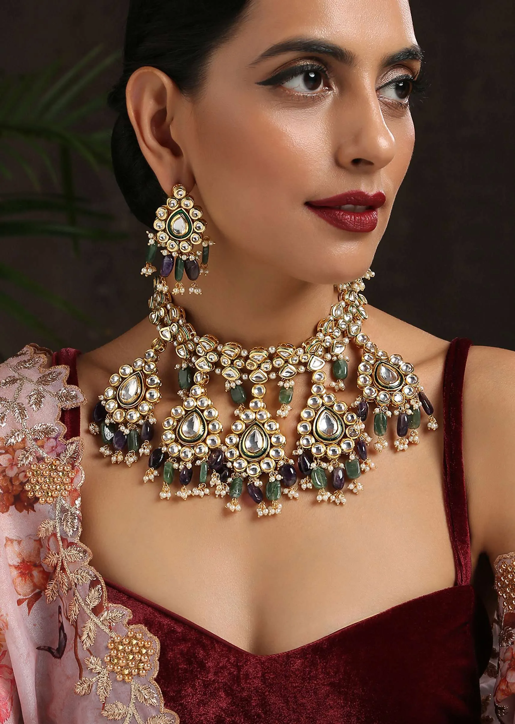 Gold Necklace Set With Intricate Floral Design Studded In Kundan And Green Stones By Paisley Pop
