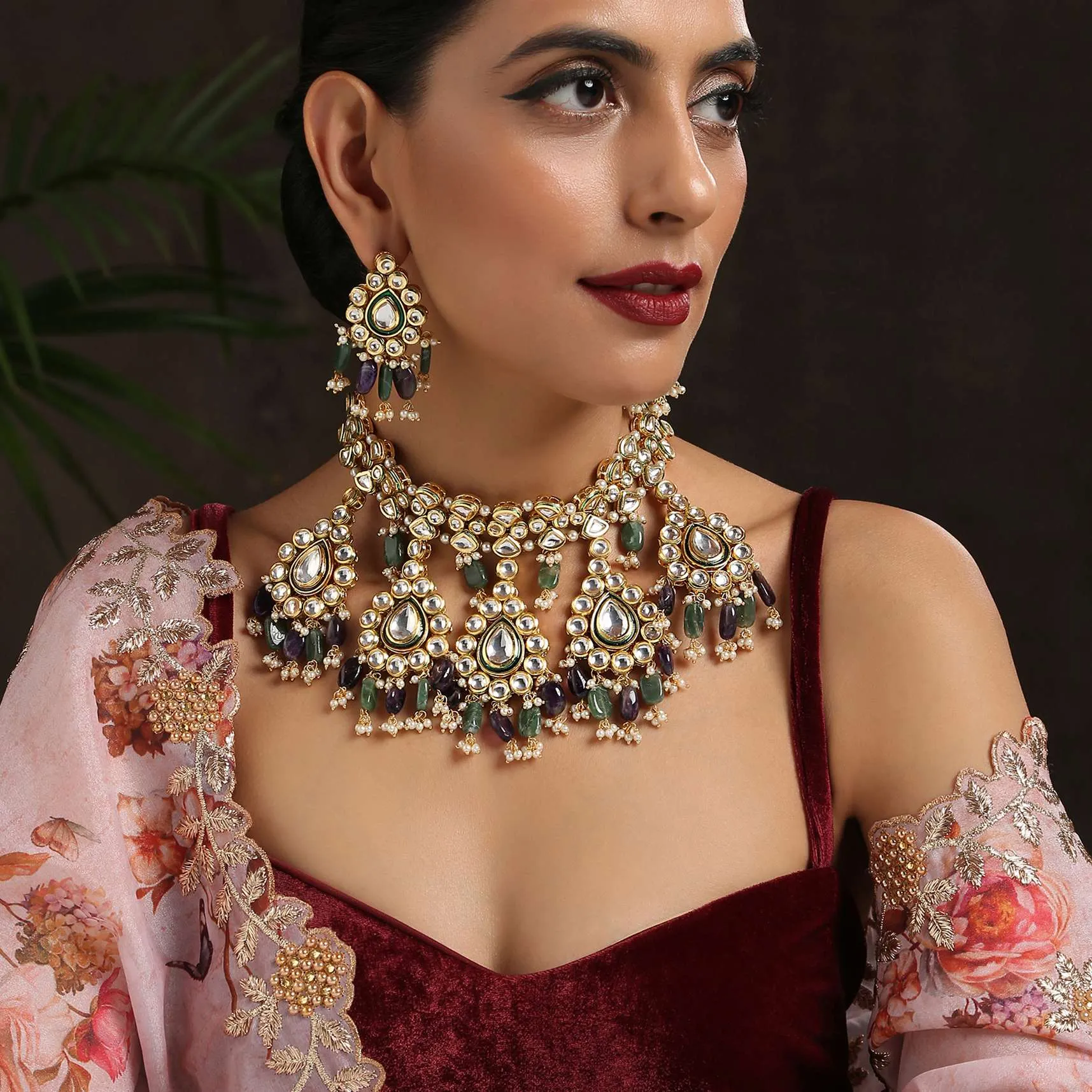 Gold Necklace Set With Intricate Floral Design Studded In Kundan And Green Stones By Paisley Pop