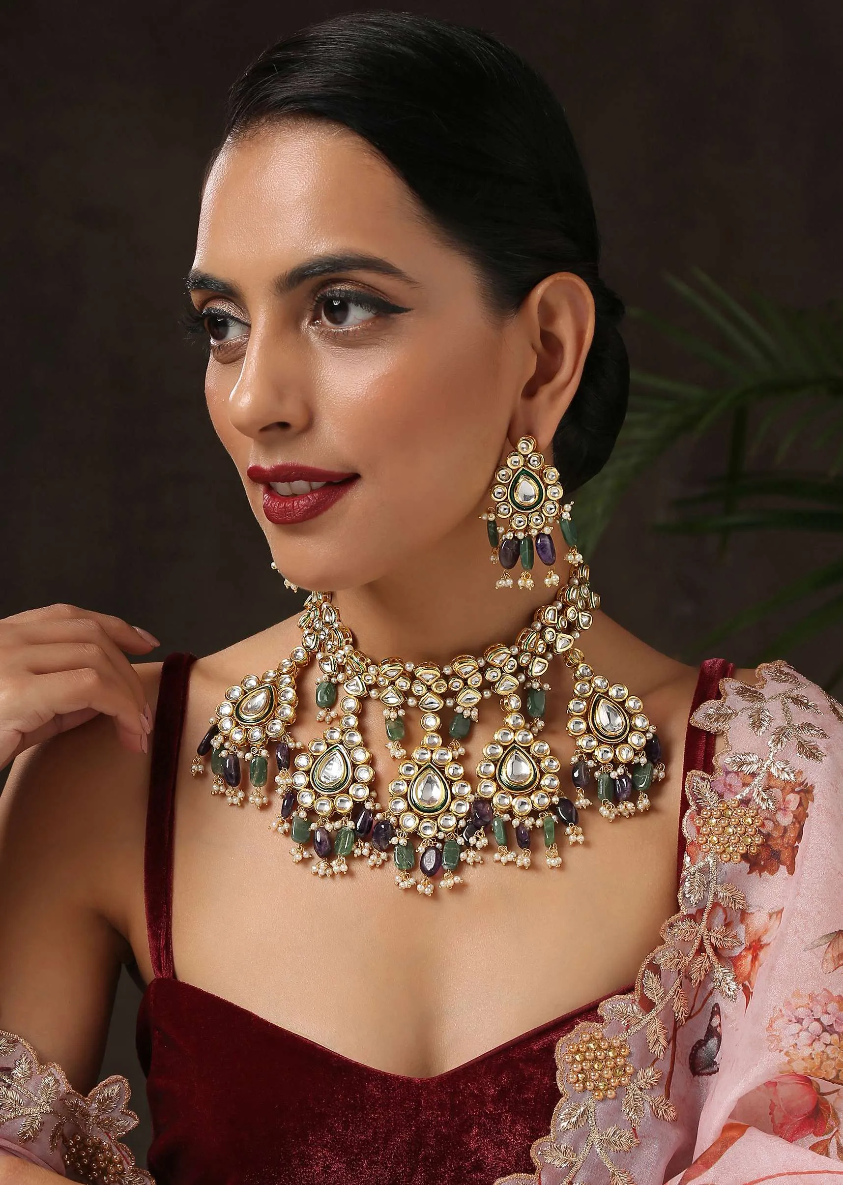 Gold Necklace Set With Intricate Floral Design Studded In Kundan And Green Stones By Paisley Pop