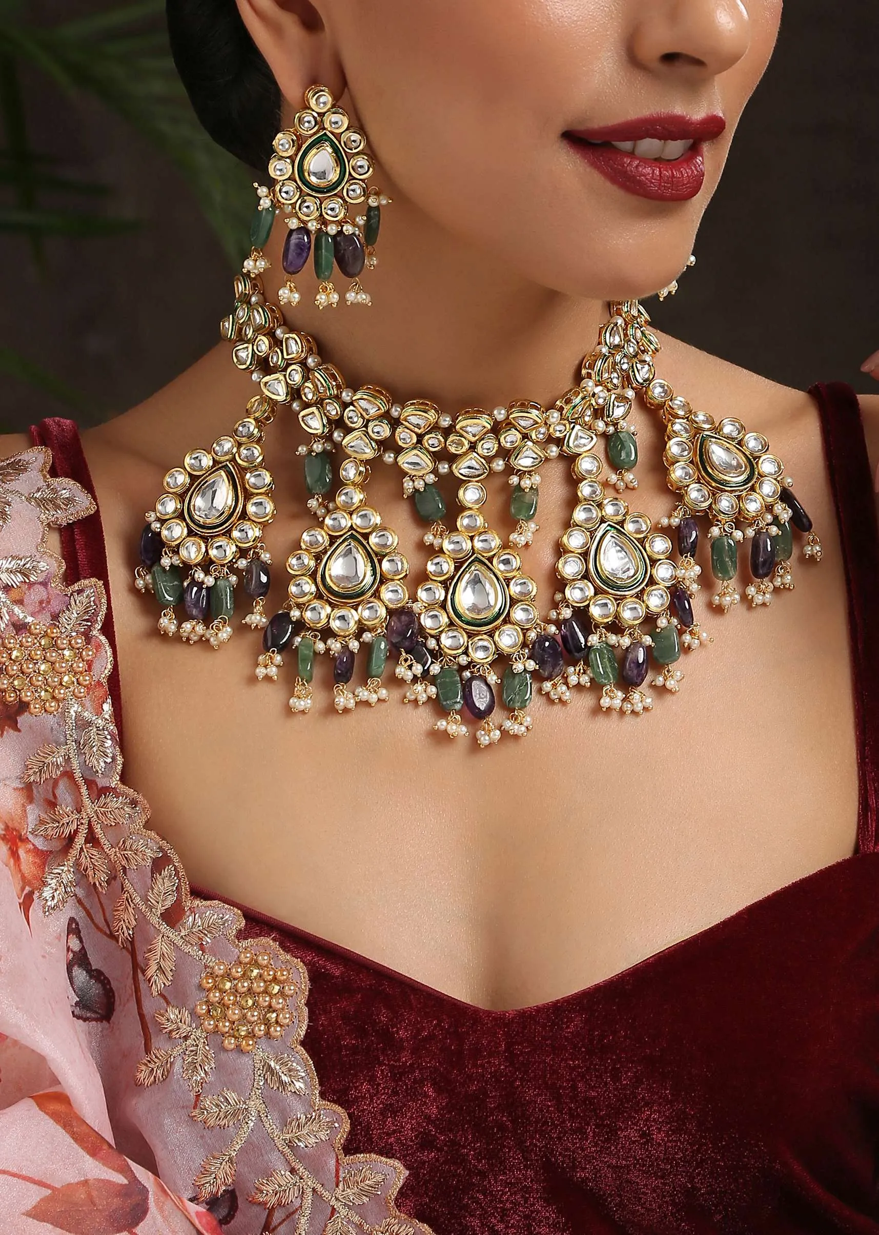 Gold Necklace Set With Intricate Floral Design Studded In Kundan And Green Stones By Paisley Pop