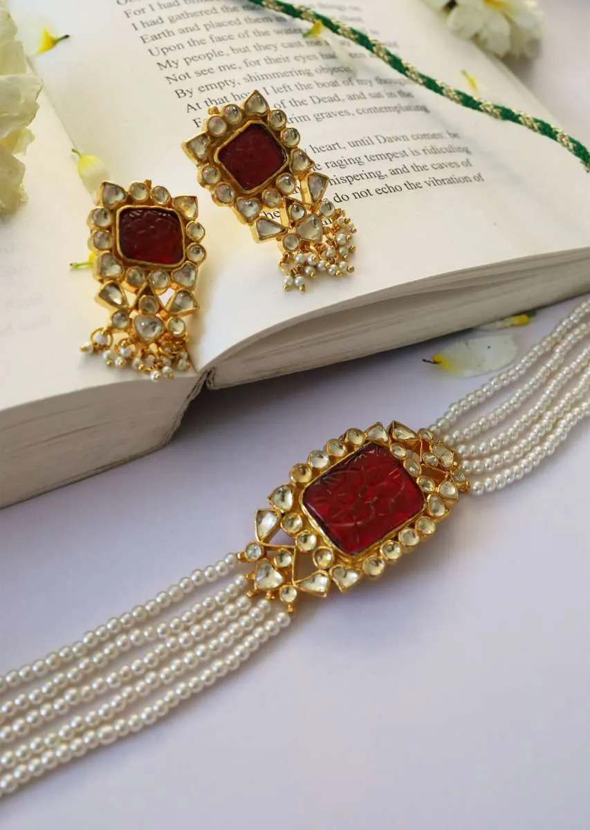 Gold Plated Choker Necklace Set With Carved Red Stone, Kundan And Shell Pearl Strings By Paisley Pop