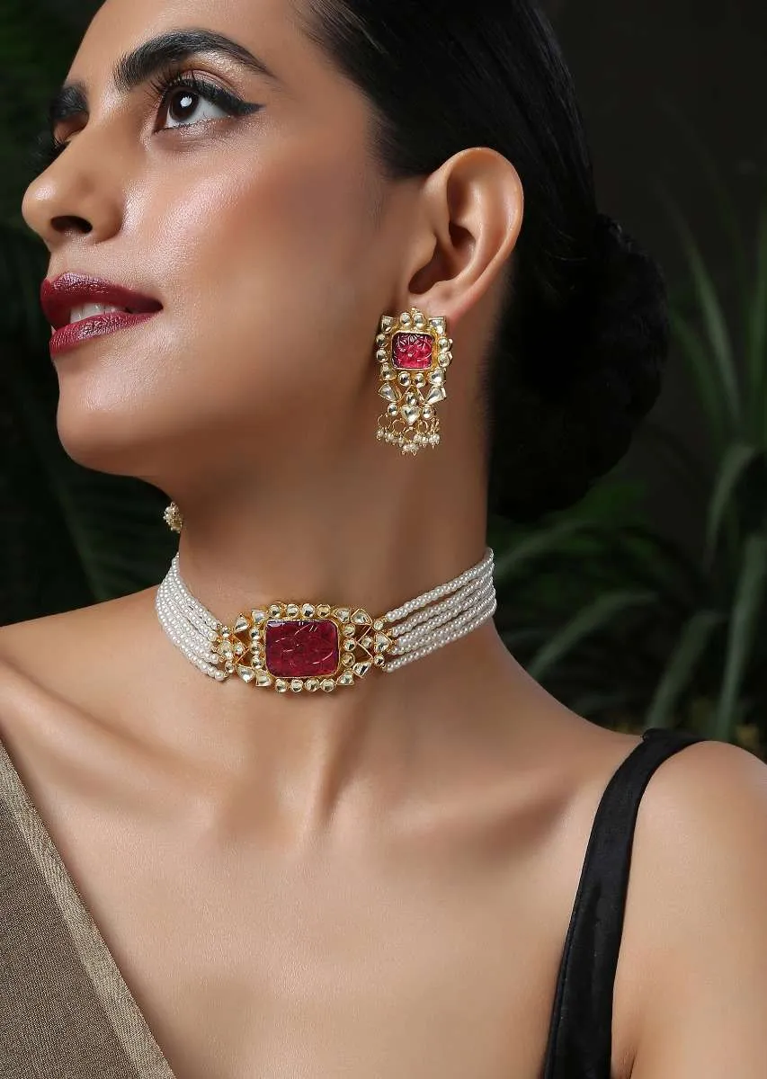 Gold Plated Choker Necklace Set With Carved Red Stone, Kundan And Shell Pearl Strings By Paisley Pop