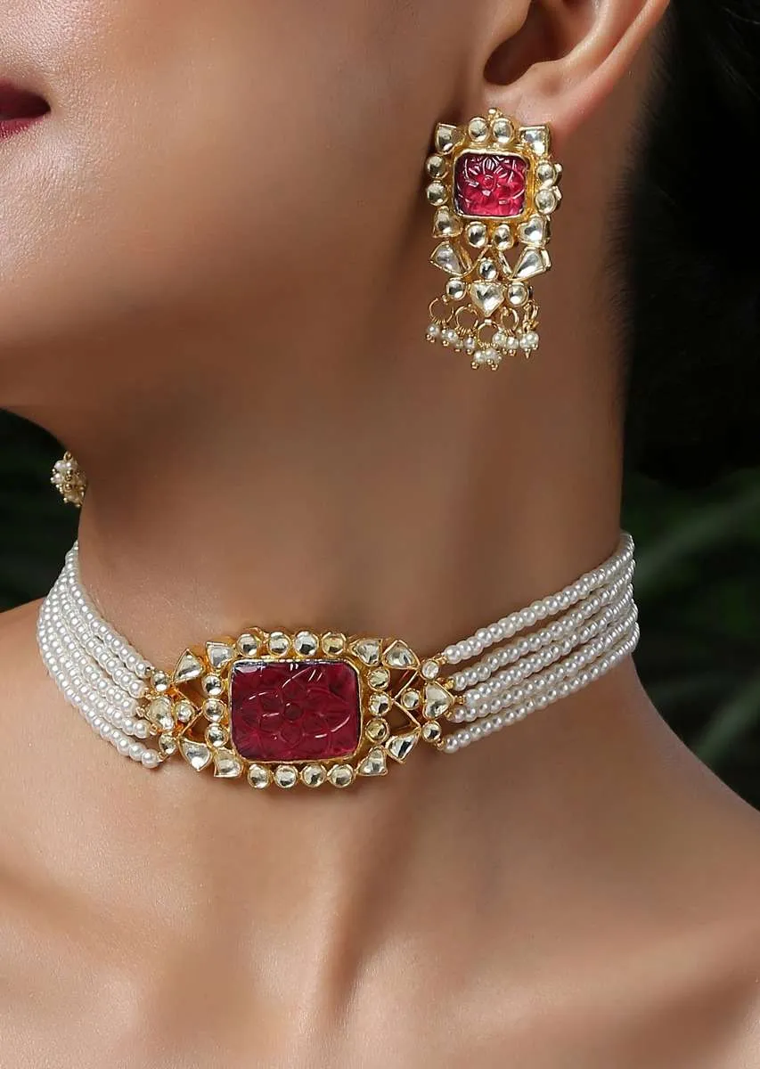 Gold Plated Choker Necklace Set With Carved Red Stone, Kundan And Shell Pearl Strings By Paisley Pop