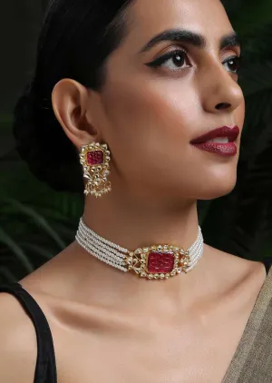 Gold Plated Choker Necklace Set With Carved Red Stone, Kundan And Shell Pearl Strings By Paisley Pop