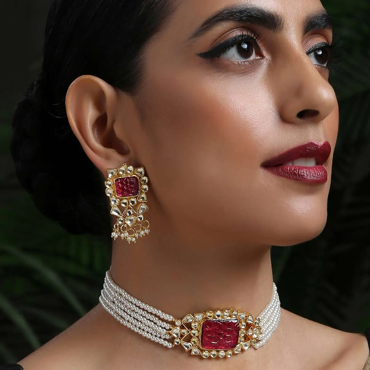 Gold Plated Choker Necklace Set With Carved Red Stone, Kundan And Shell Pearl Strings By Paisley Pop