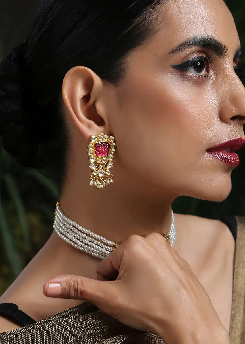 Gold Plated Choker Necklace Set With Carved Red Stone, Kundan And Shell Pearl Strings By Paisley Pop