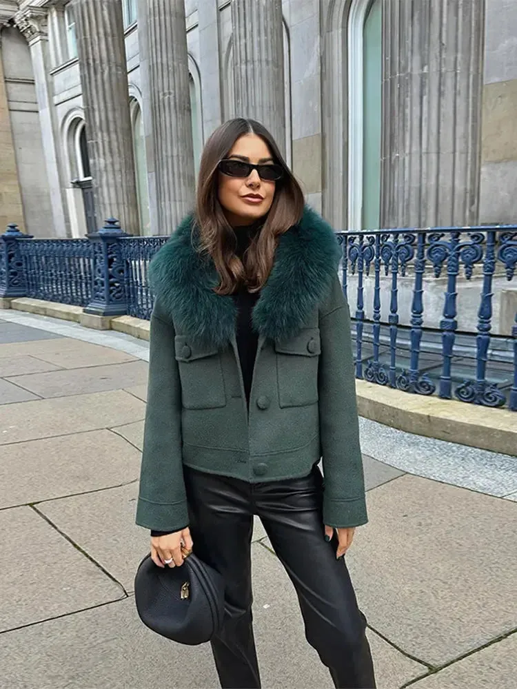 Green Faux Fur Collar Bomber Peacoat Jacket