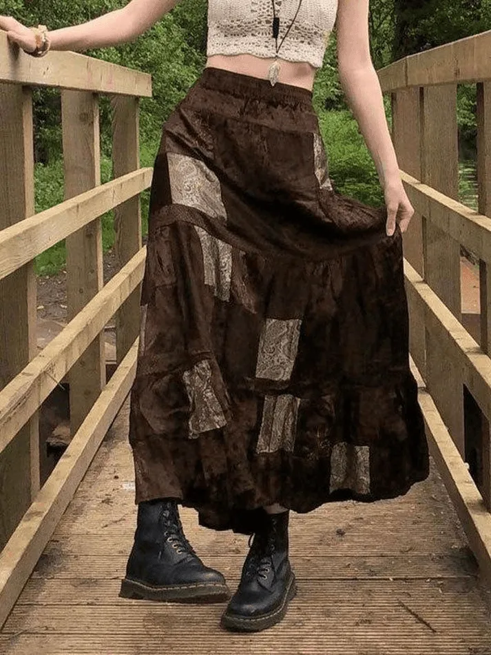 Joskaa Patchwork Velvet Printed Midi Skirt