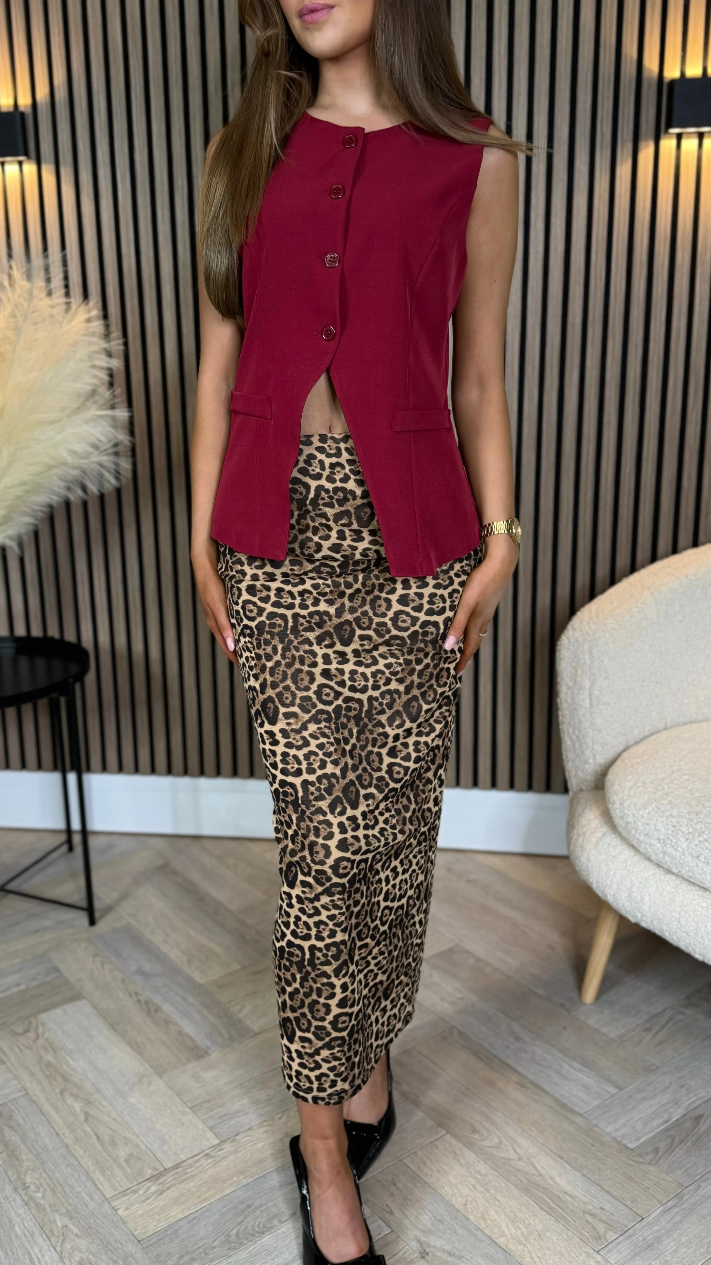 Kaikara Beige & Black Leopard Print Ruched Midi Skirt