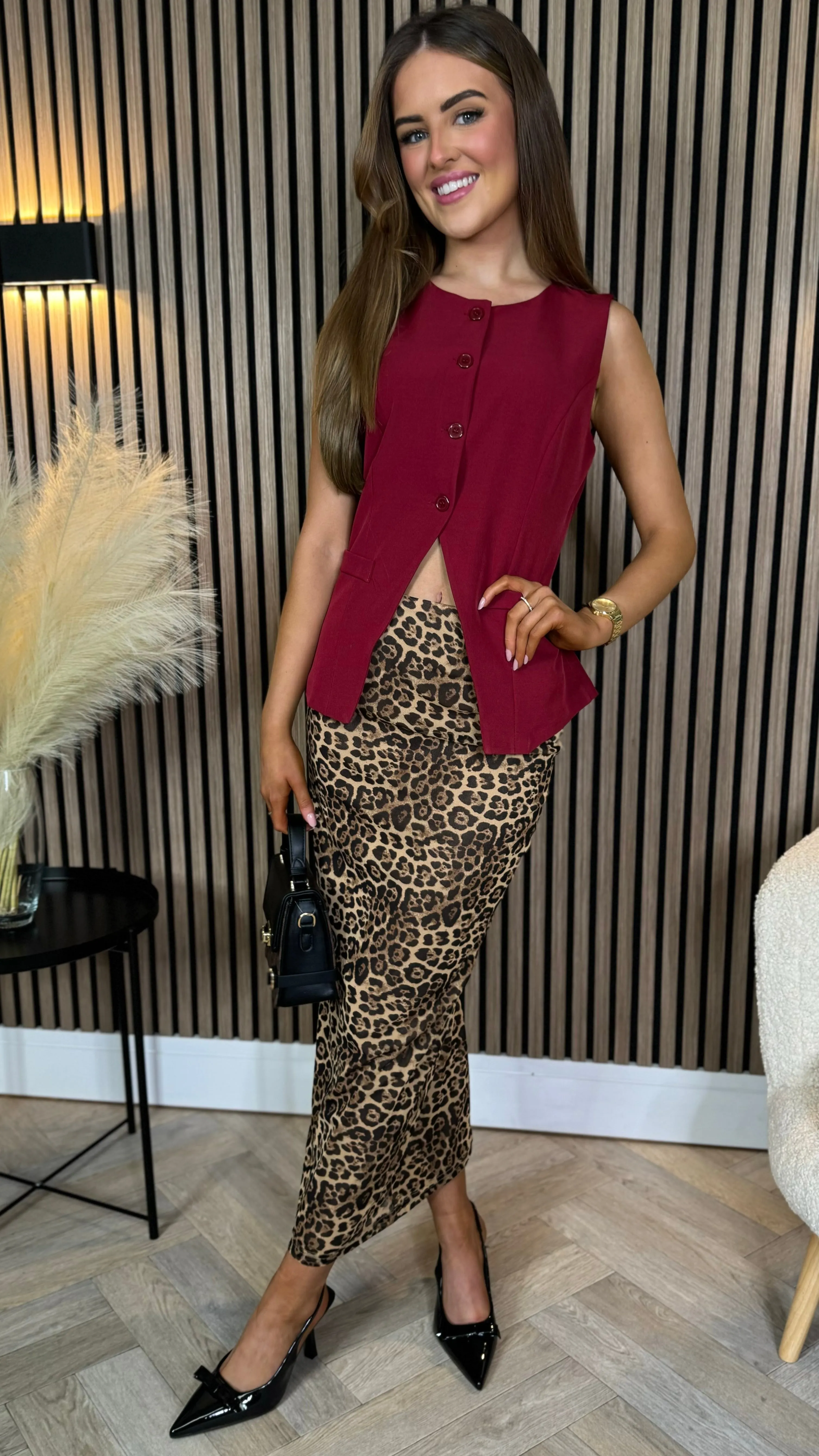 Kaikara Beige & Black Leopard Print Ruched Midi Skirt