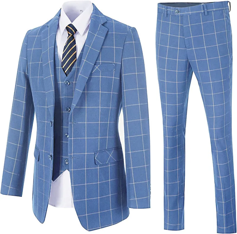 Light Blue Notched Lapel Plaid Three Pieces Business Suits Prom Suits