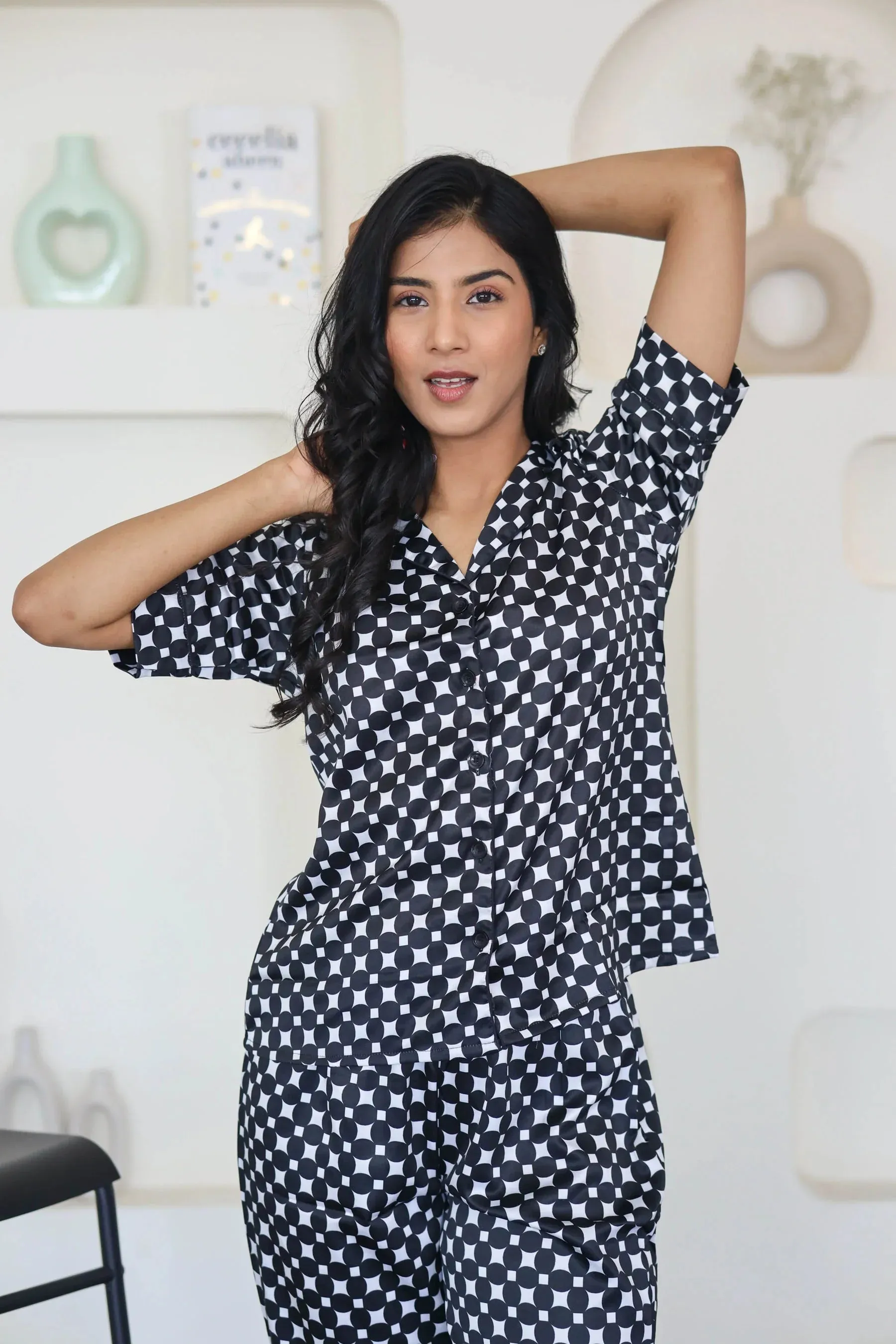 Night Wear Satin Black & White Color Geometric Printed Night Suit