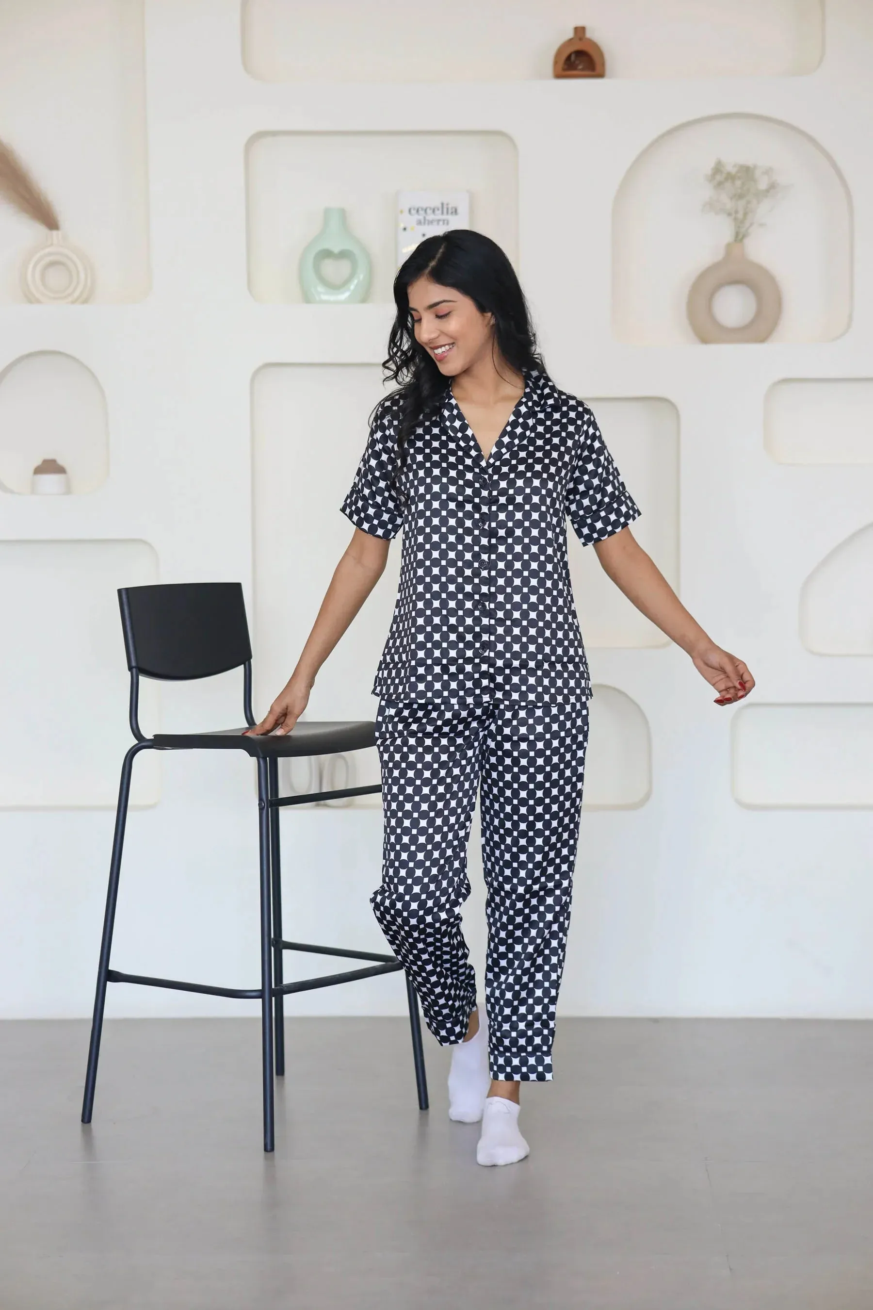 Night Wear Satin Black & White Color Geometric Printed Night Suit