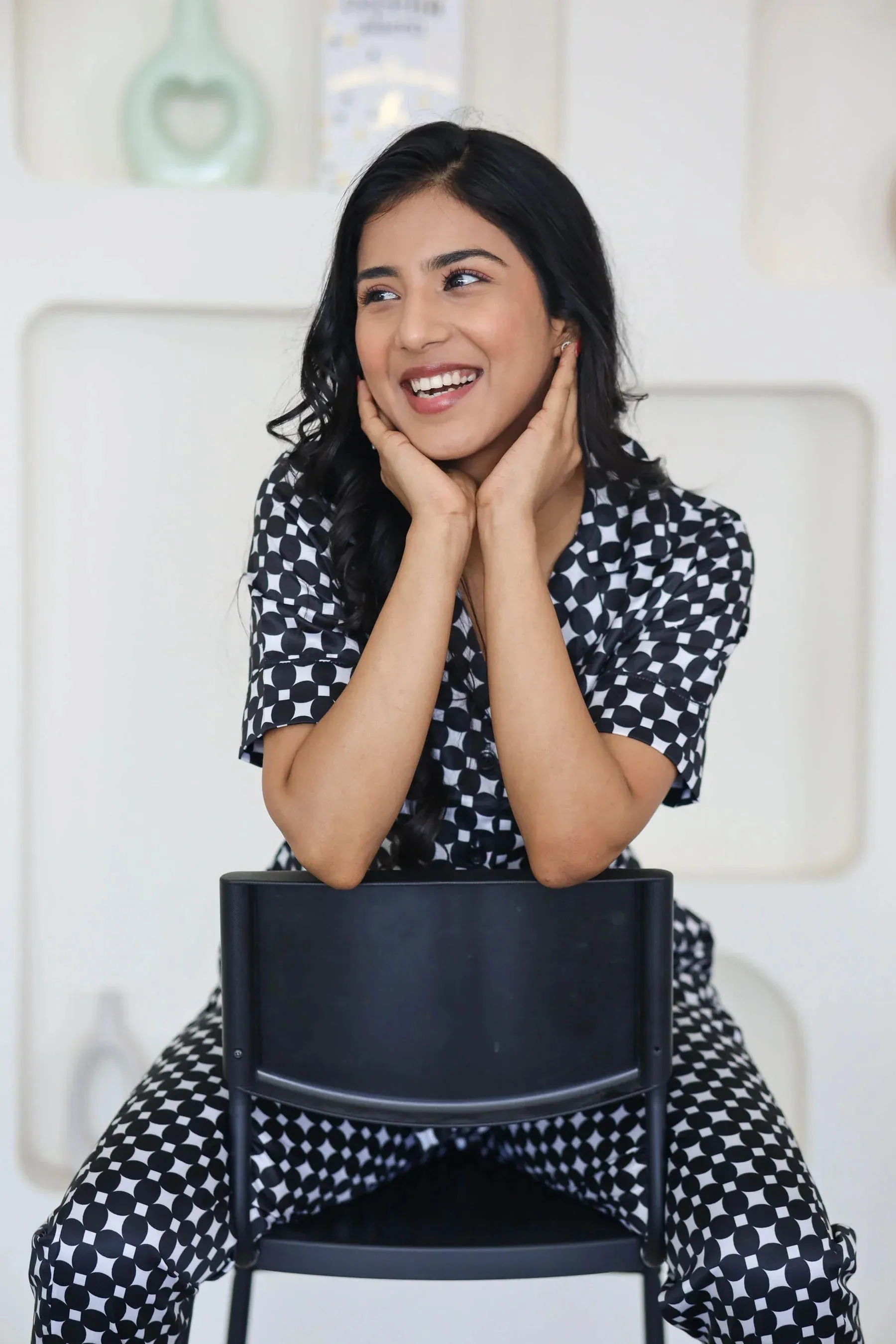 Night Wear Satin Black & White Color Geometric Printed Night Suit