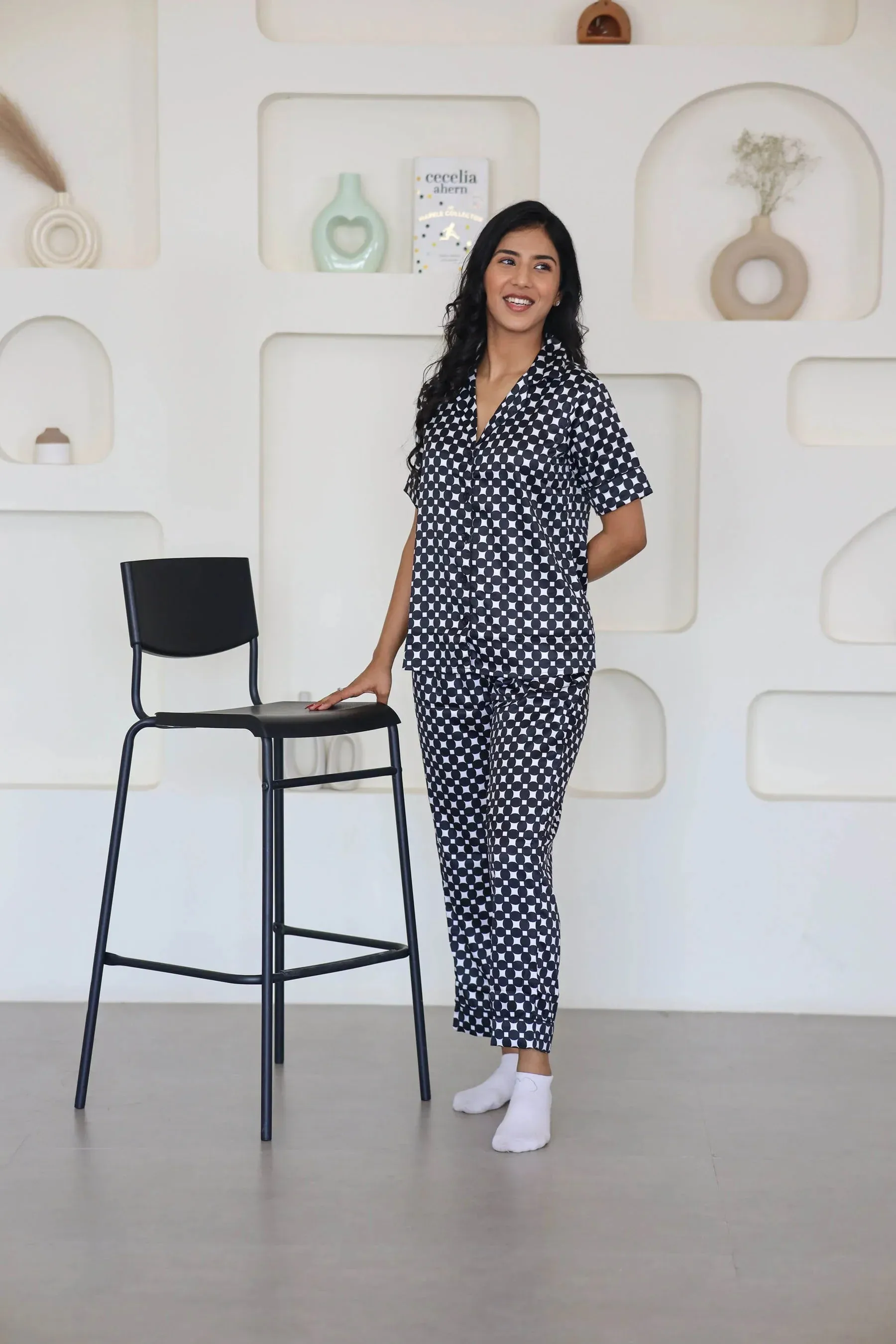 Night Wear Satin Black & White Color Geometric Printed Night Suit
