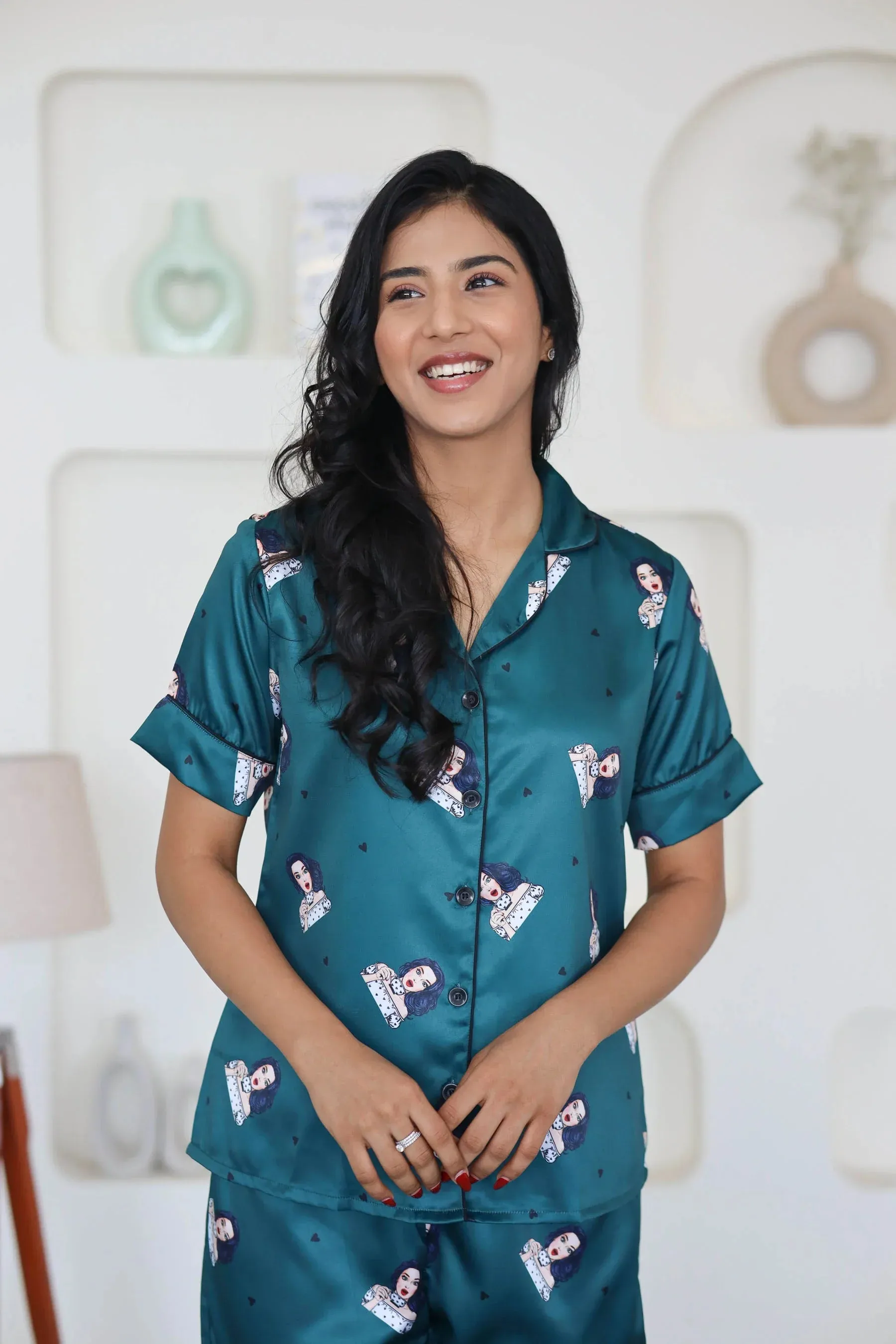 Night Wear Satin Bottle Green Color Quirky Printed Night Suit