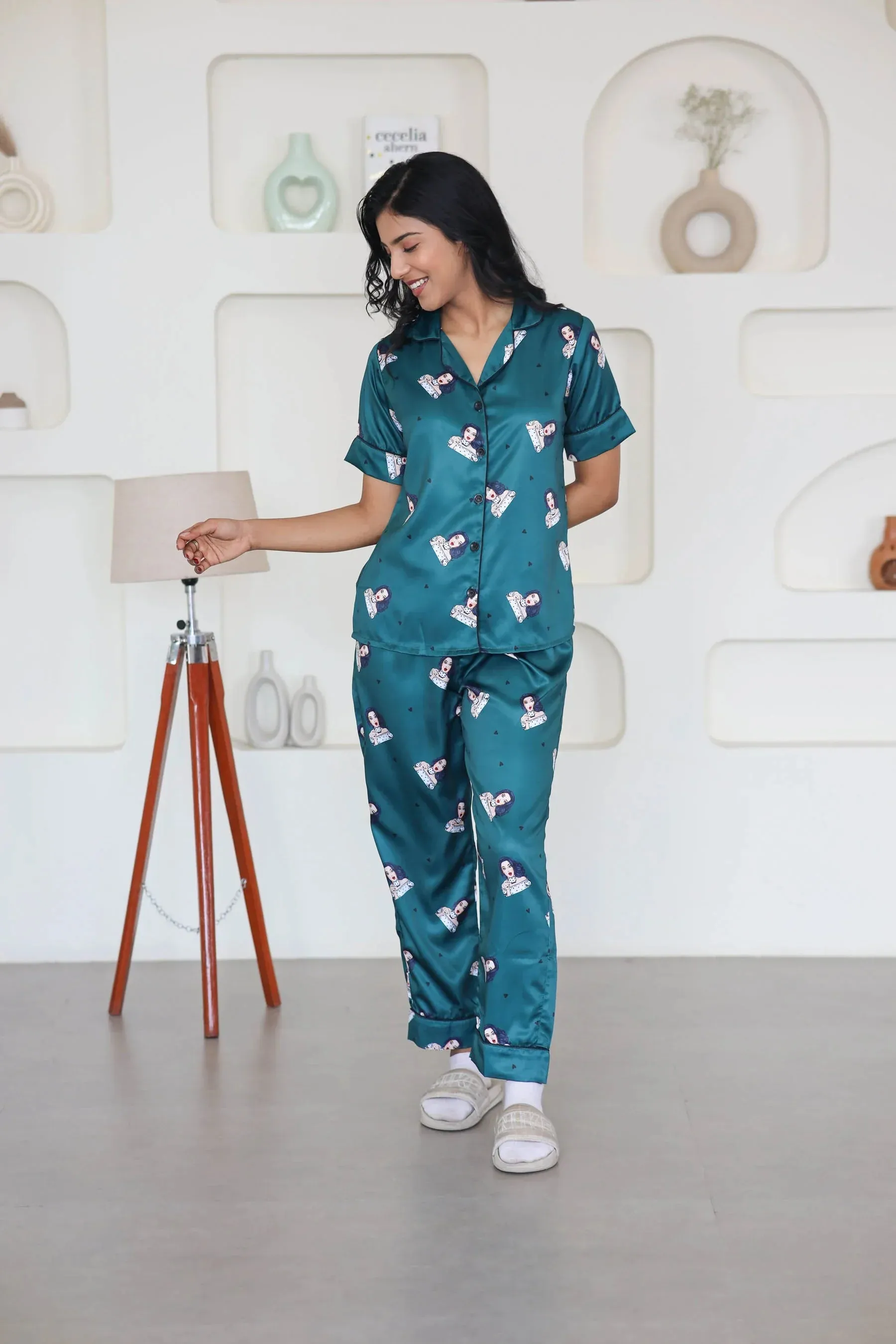 Night Wear Satin Bottle Green Color Quirky Printed Night Suit