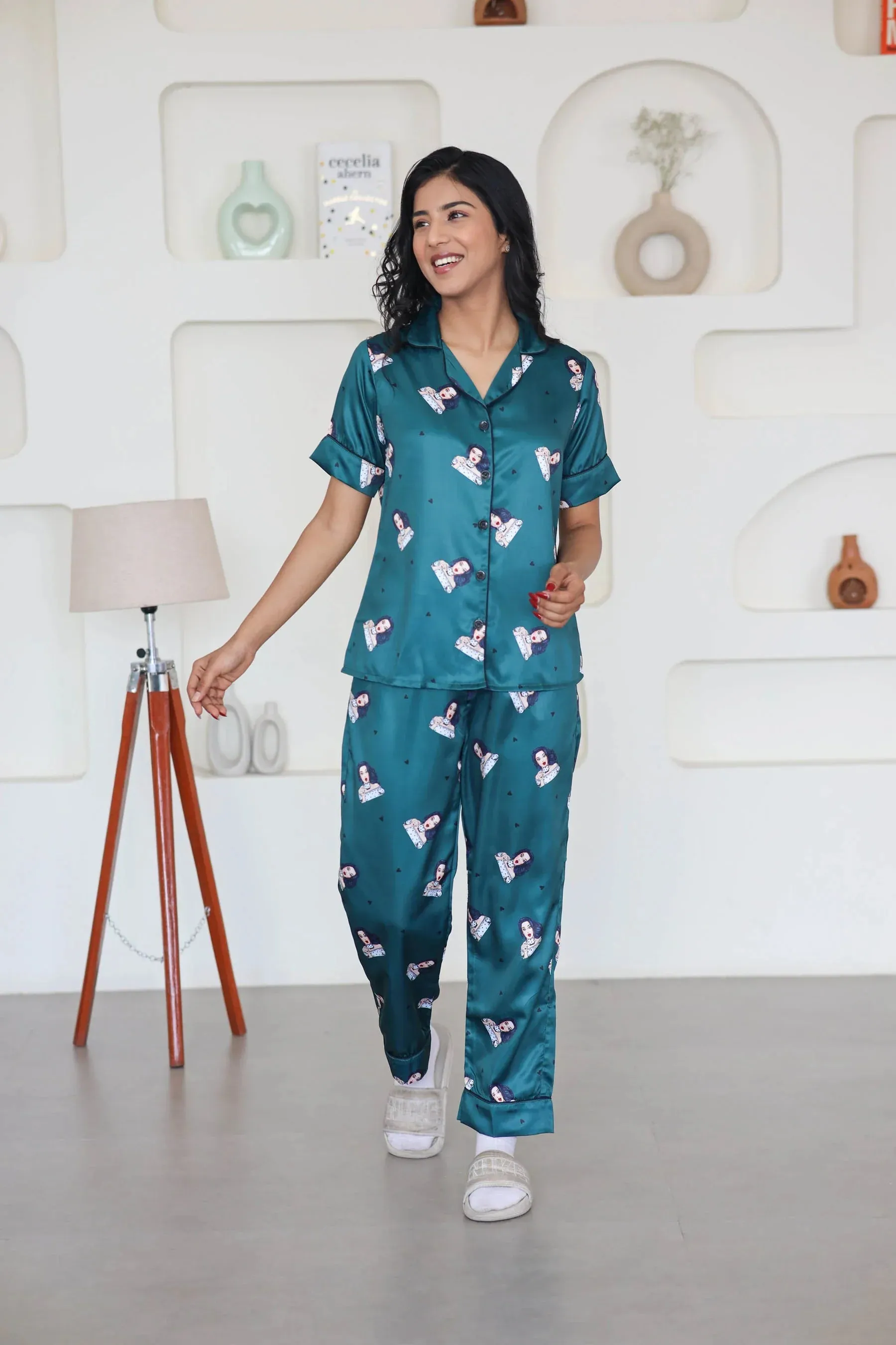Night Wear Satin Bottle Green Color Quirky Printed Night Suit