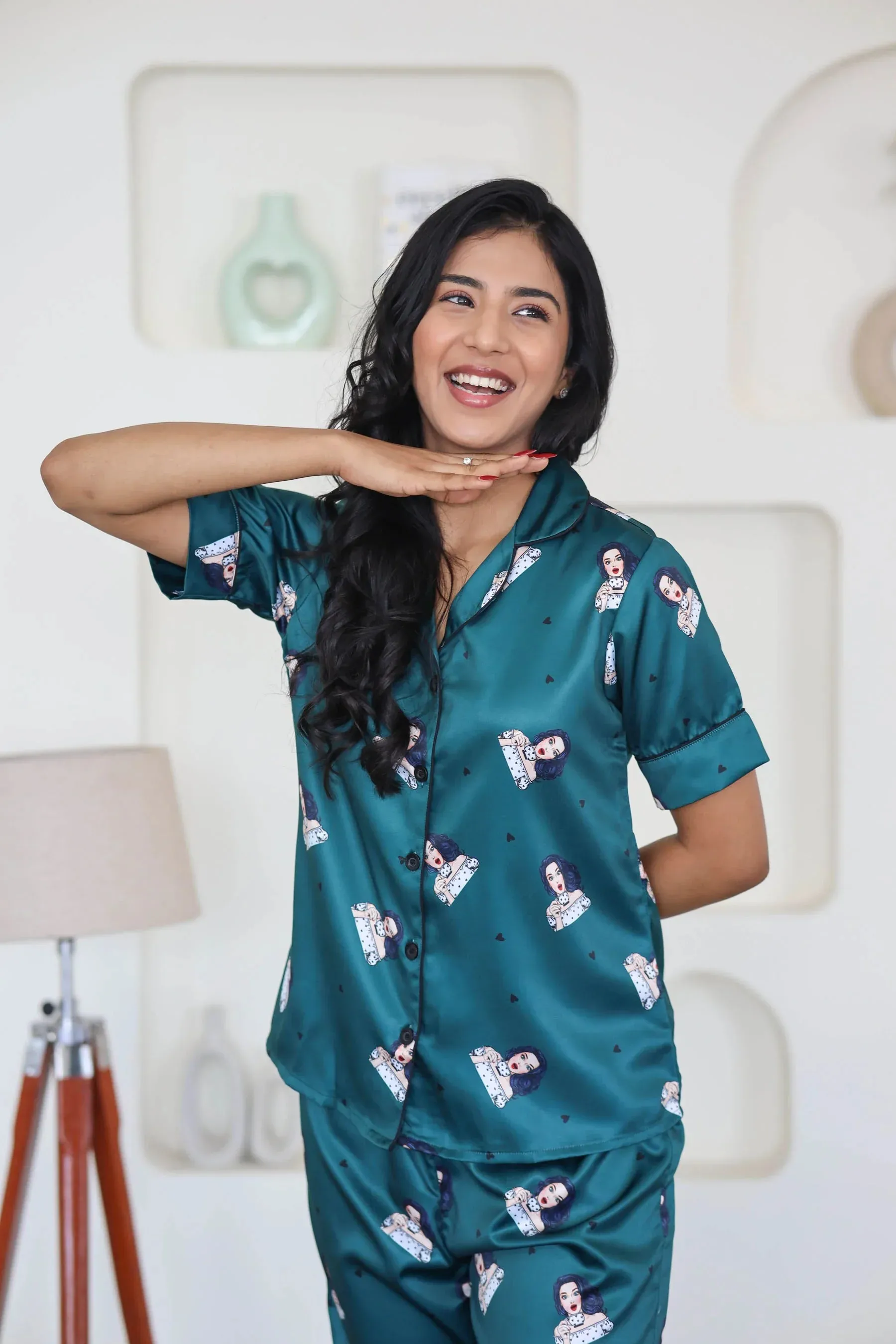 Night Wear Satin Bottle Green Color Quirky Printed Night Suit