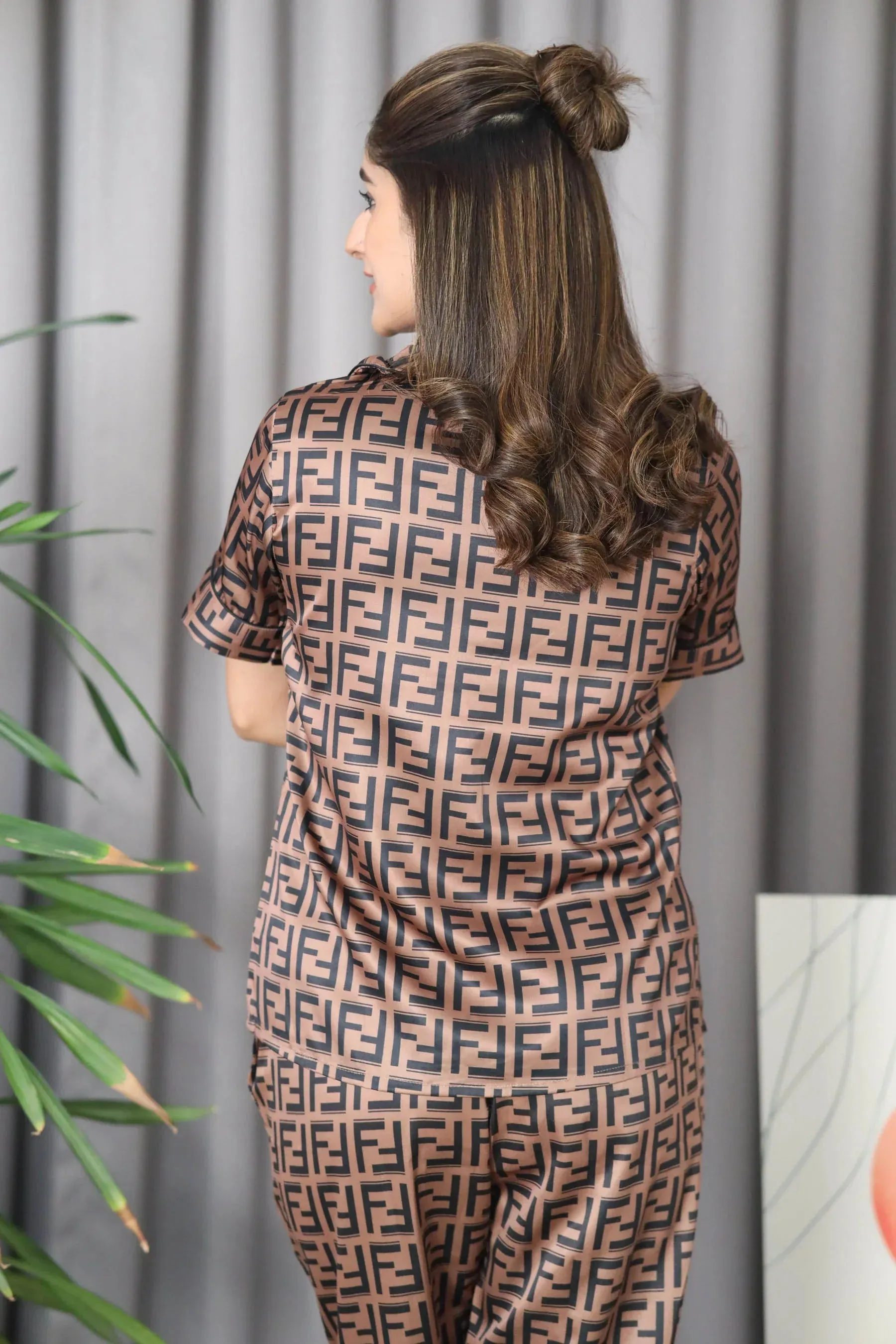 Night Wear Satin Chocolate Brown Color Aztec Printed Night Suit