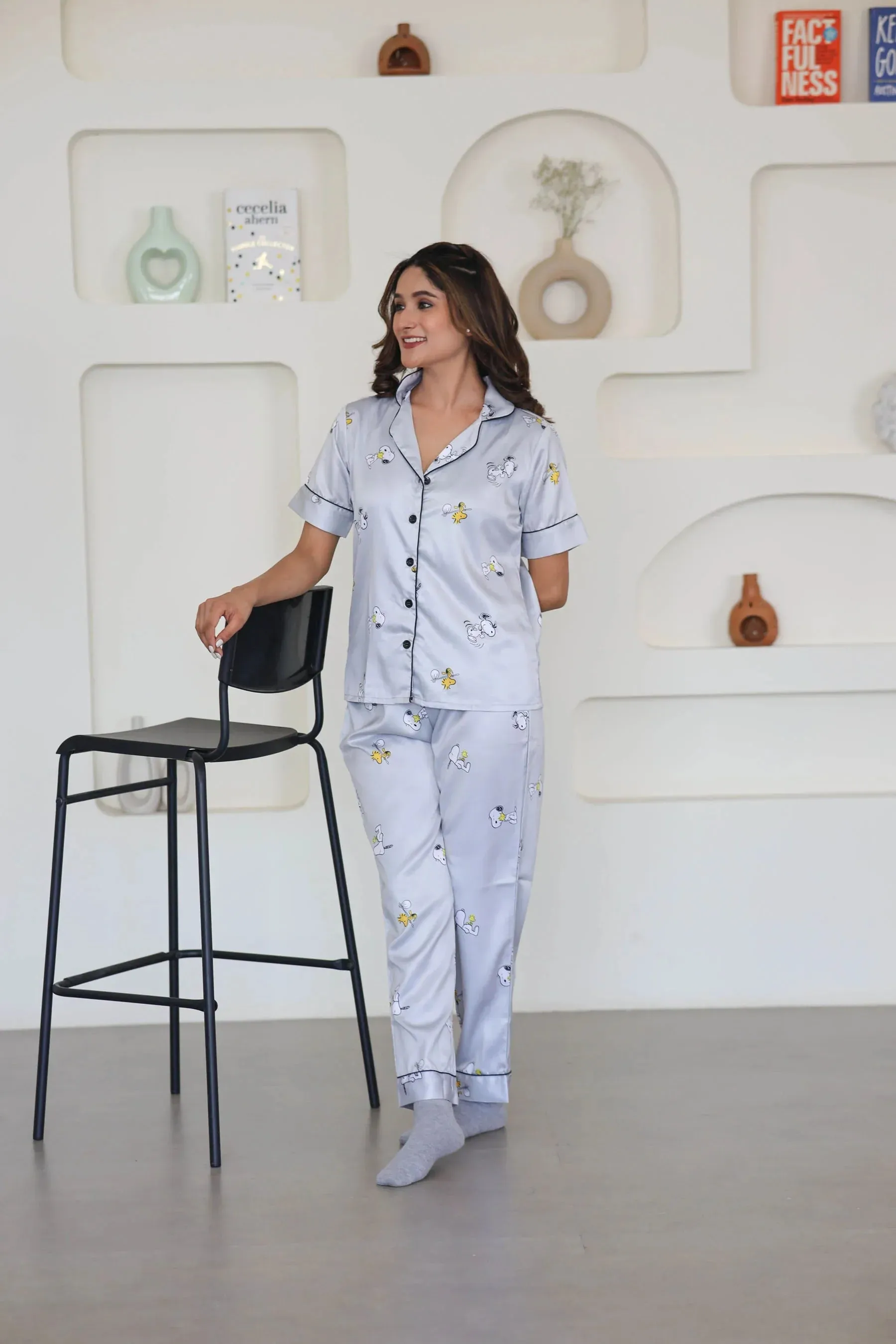 Night Wear Satin Grey Color Snoopy Print Night Suit