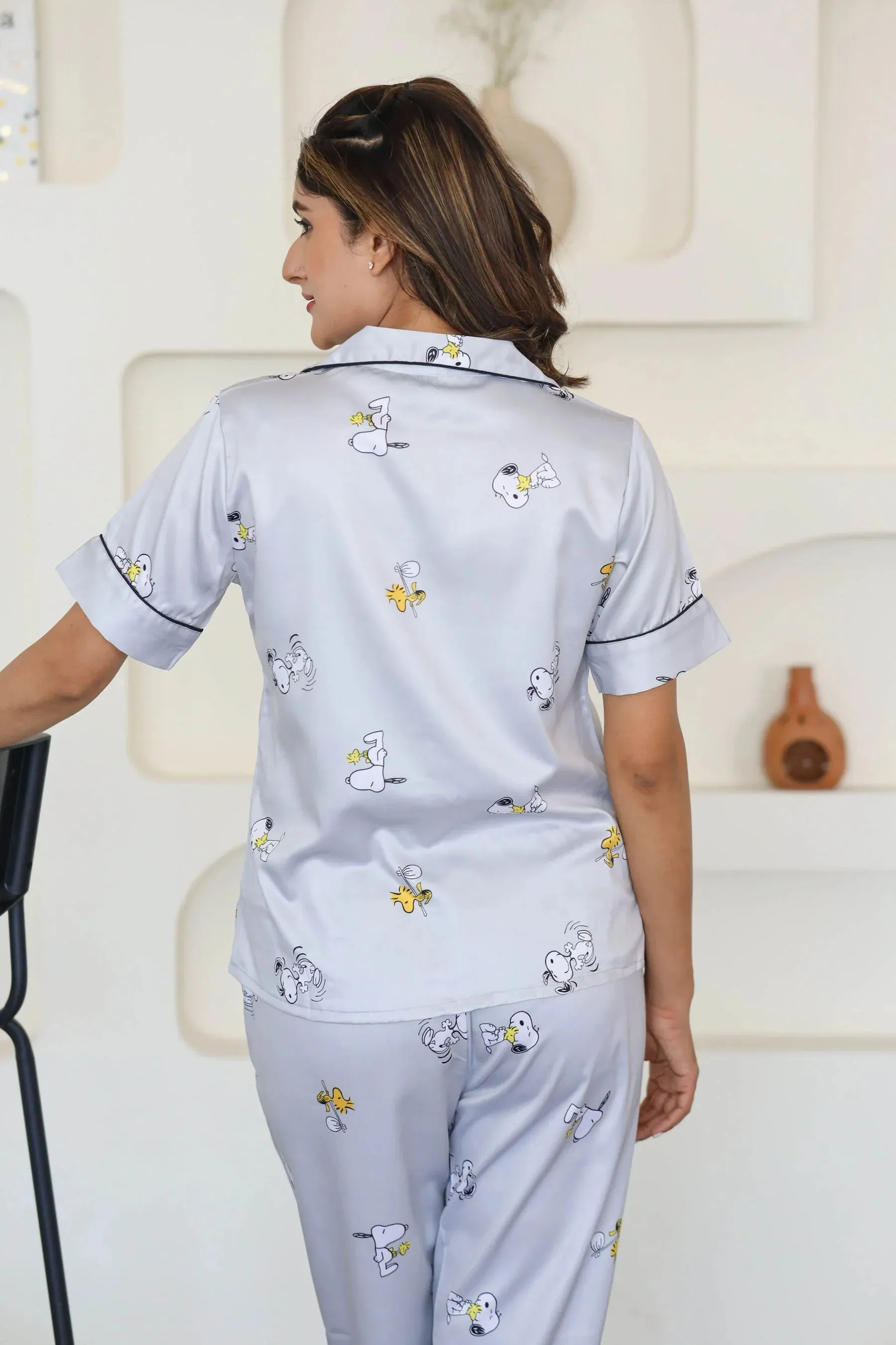 Night Wear Satin Grey Color Snoopy Print Night Suit