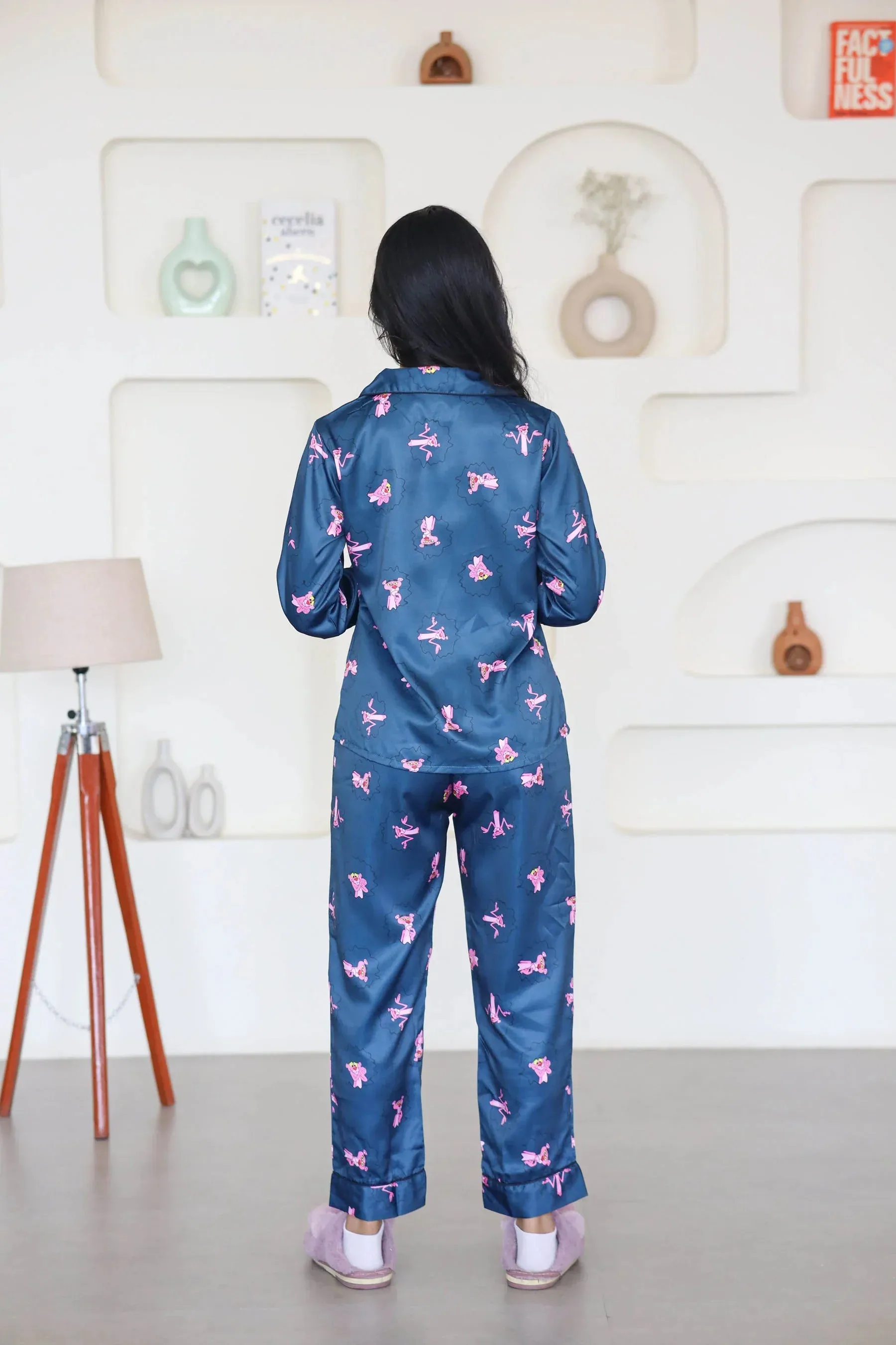 Night Wear Satin Teal Blue Color Pink Panther Print Night Suit