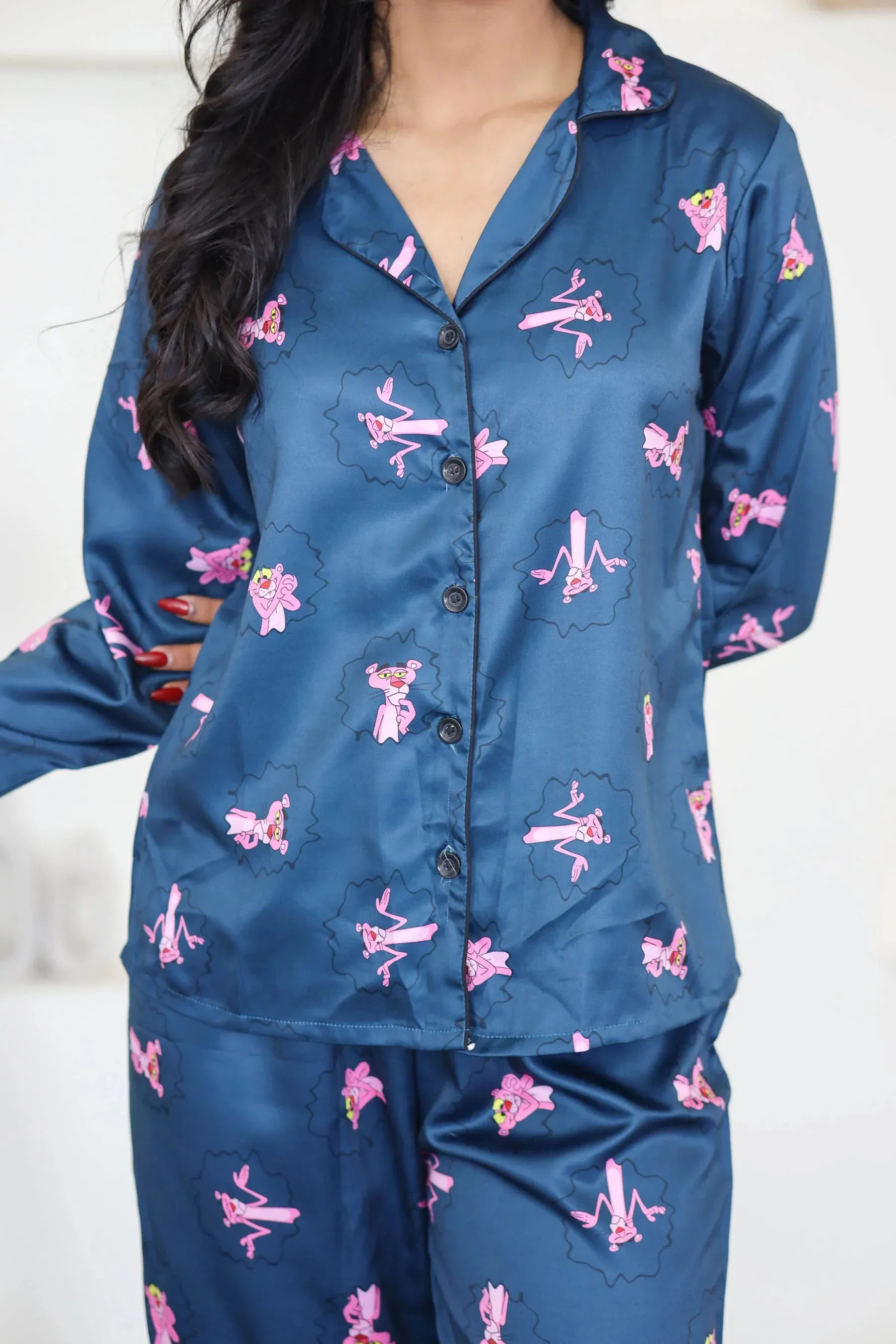 Night Wear Satin Teal Blue Color Pink Panther Print Night Suit
