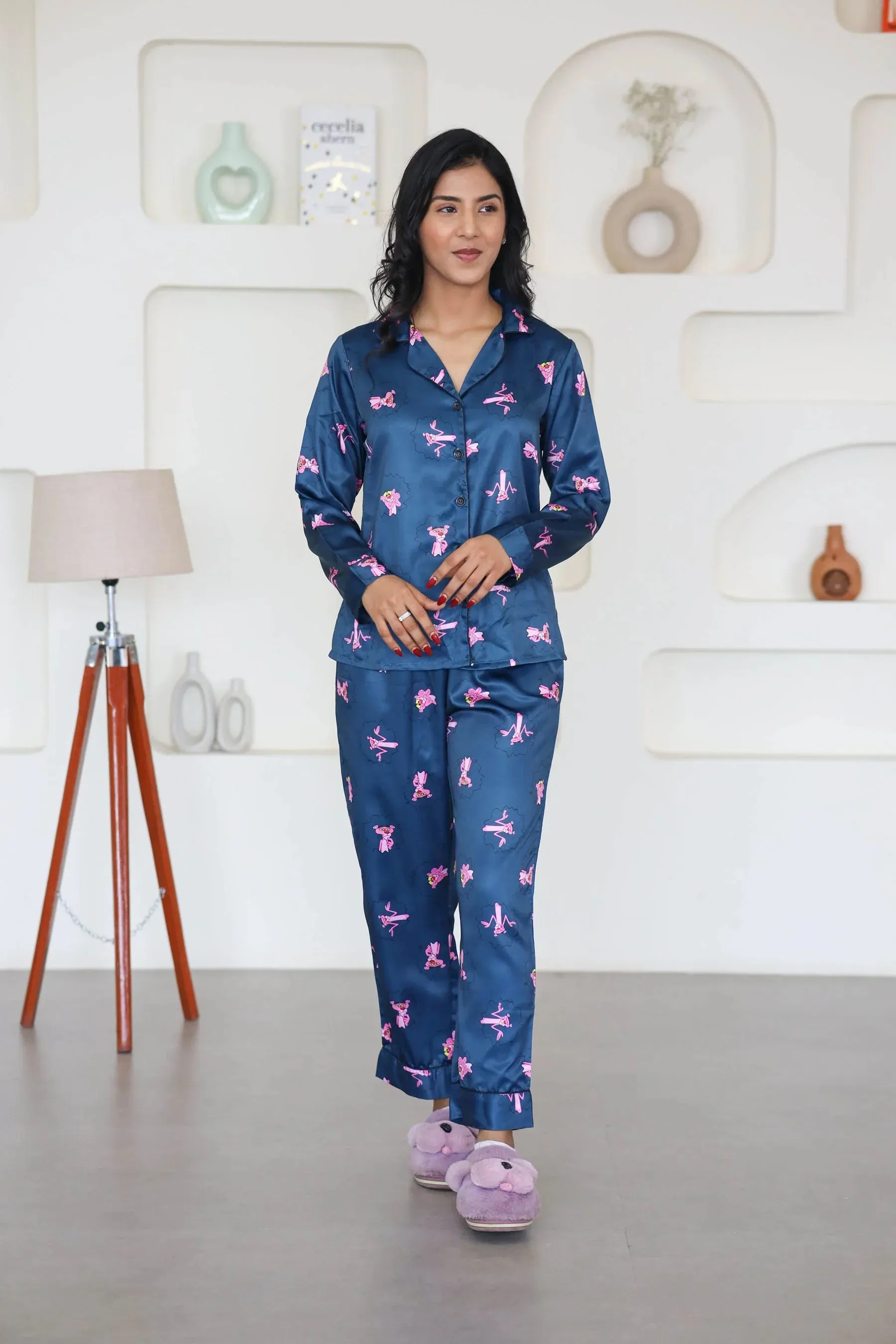 Night Wear Satin Teal Blue Color Pink Panther Print Night Suit