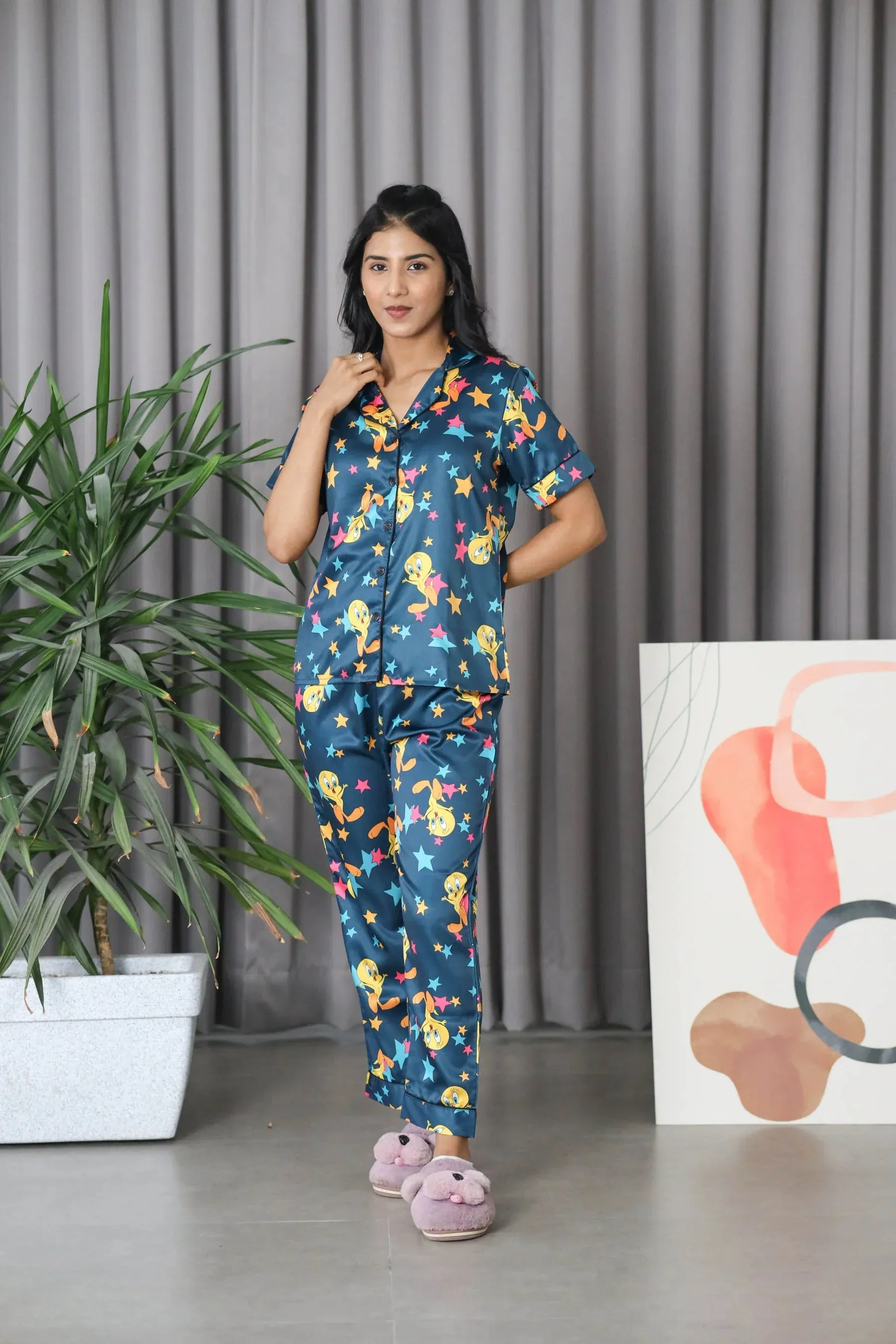 Night Wear Satin Teal Blue Tweety Print  Night Suit