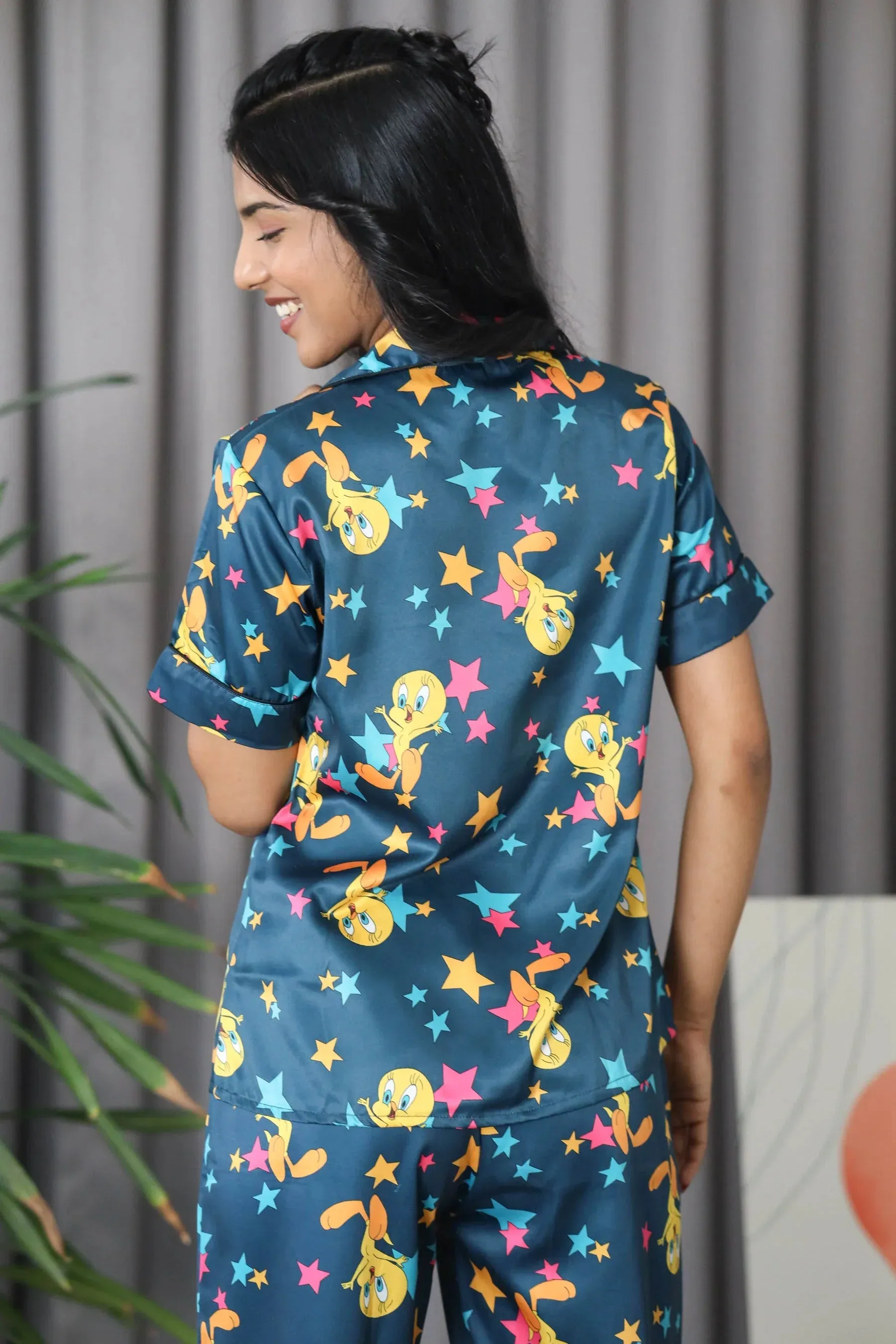 Night Wear Satin Teal Blue Tweety Print  Night Suit