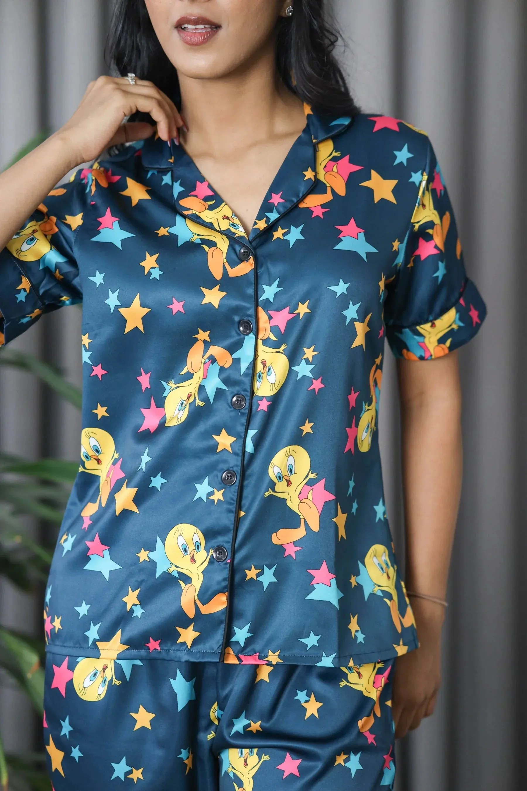 Night Wear Satin Teal Blue Tweety Print  Night Suit