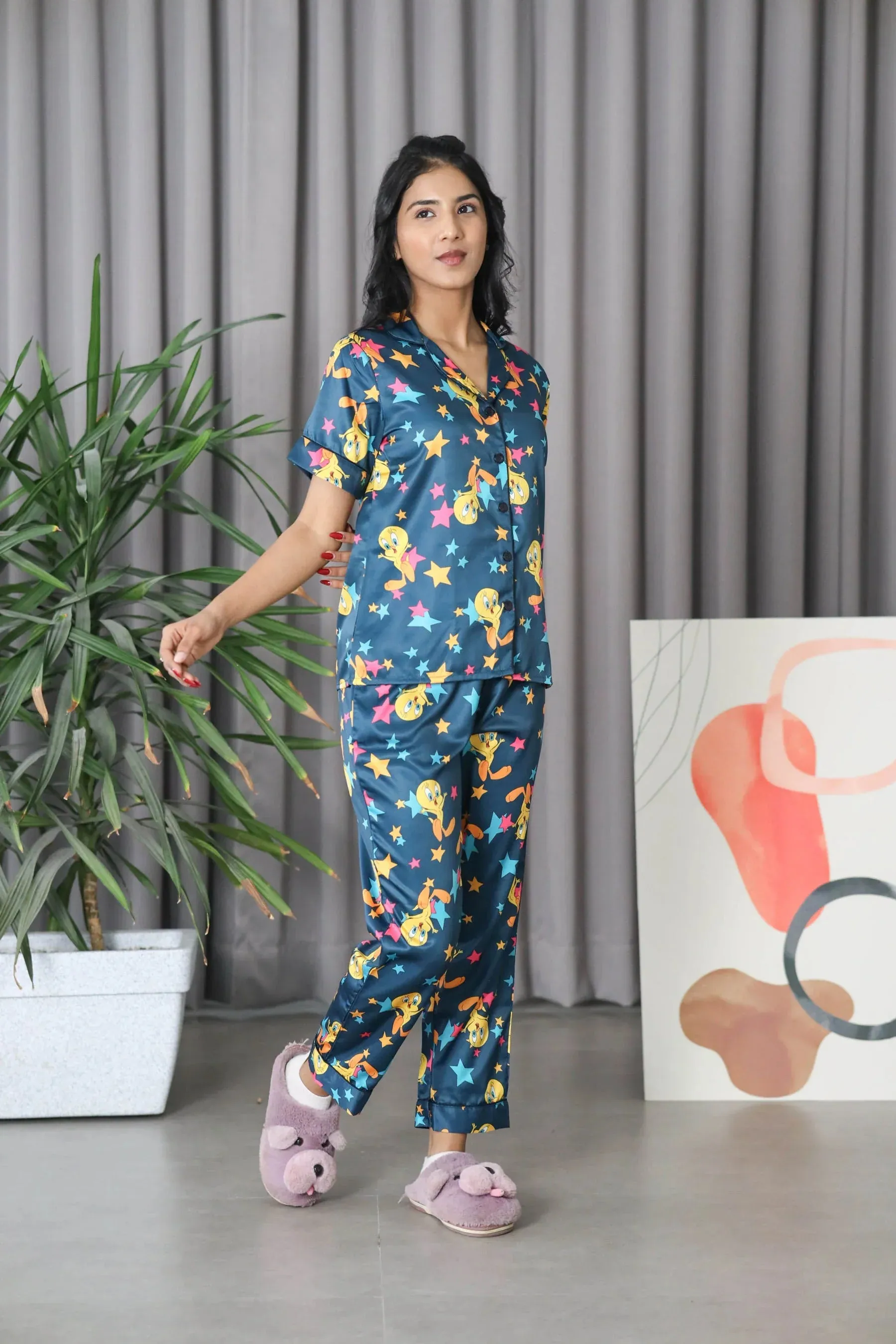 Night Wear Satin Teal Blue Tweety Print  Night Suit