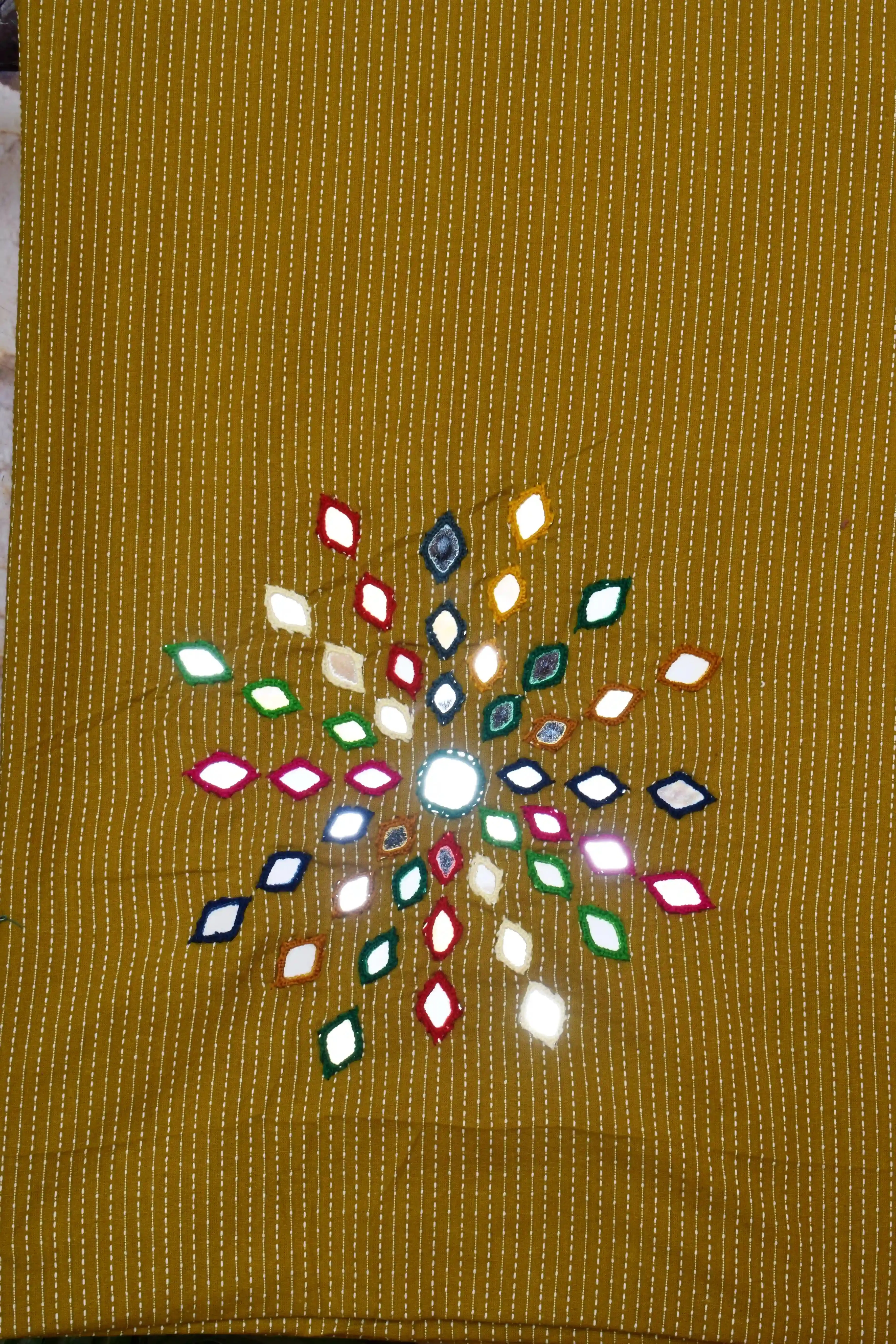 Yellow Kantha Cotton Mirror Work Kurti Fabric