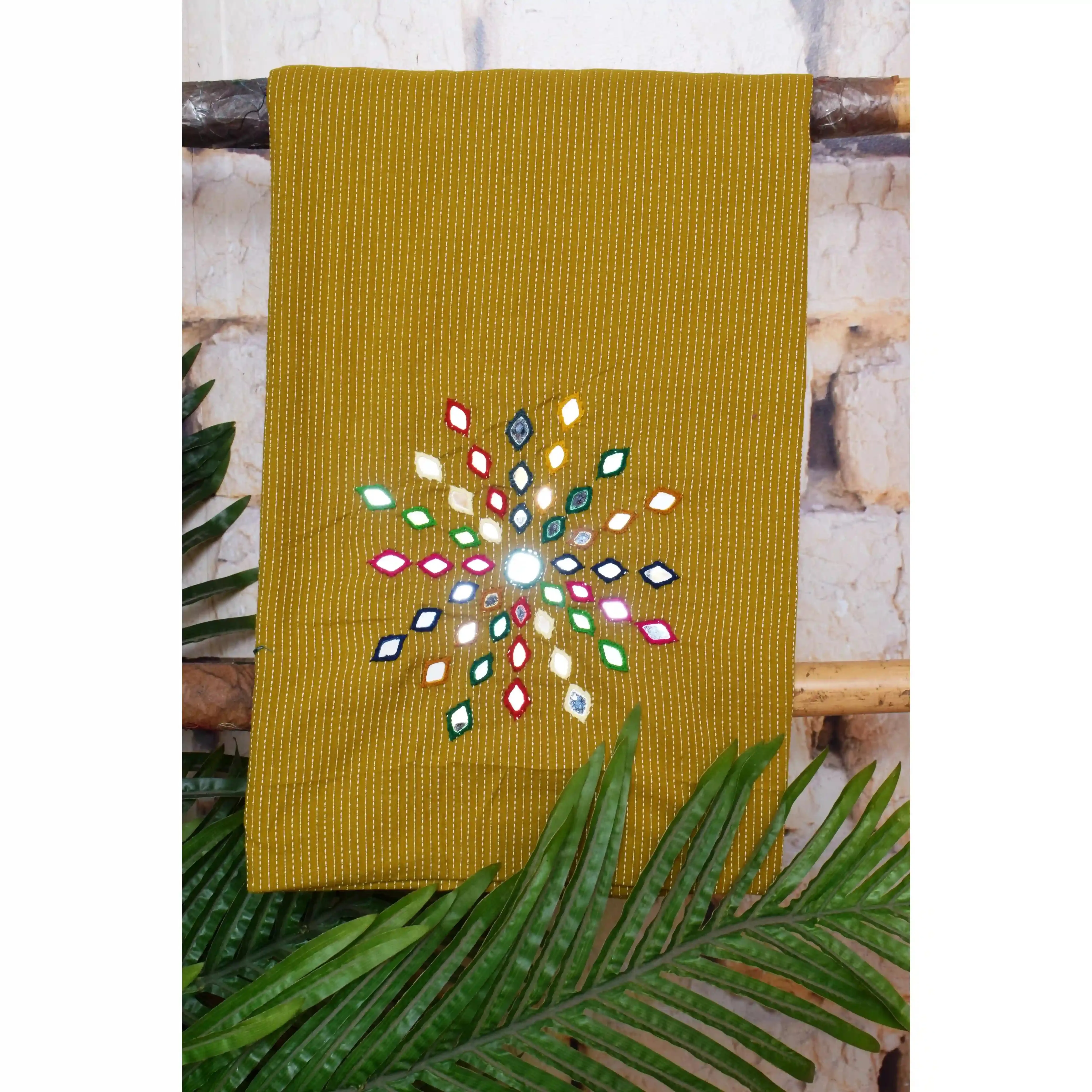 Yellow Kantha Cotton Mirror Work Kurti Fabric